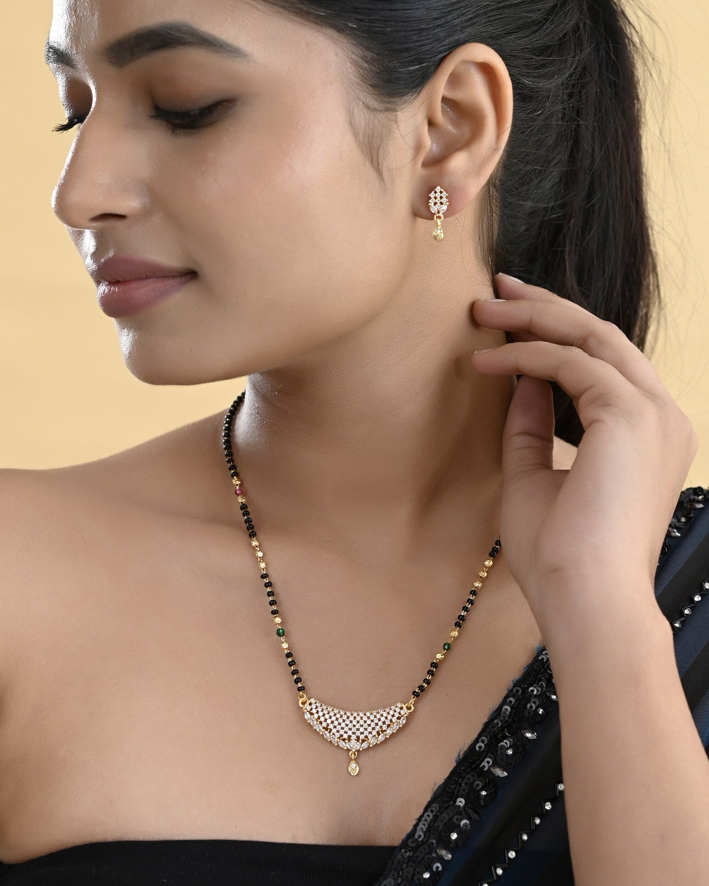 VOJ Gold-Polished AD Stone Studded MangalSutra Set - Swadesiicart
