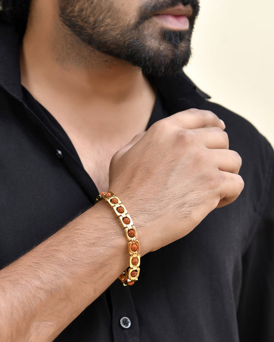 VOJ Men's Gold Toned Rudraksha Bracelet - Swadesiicart