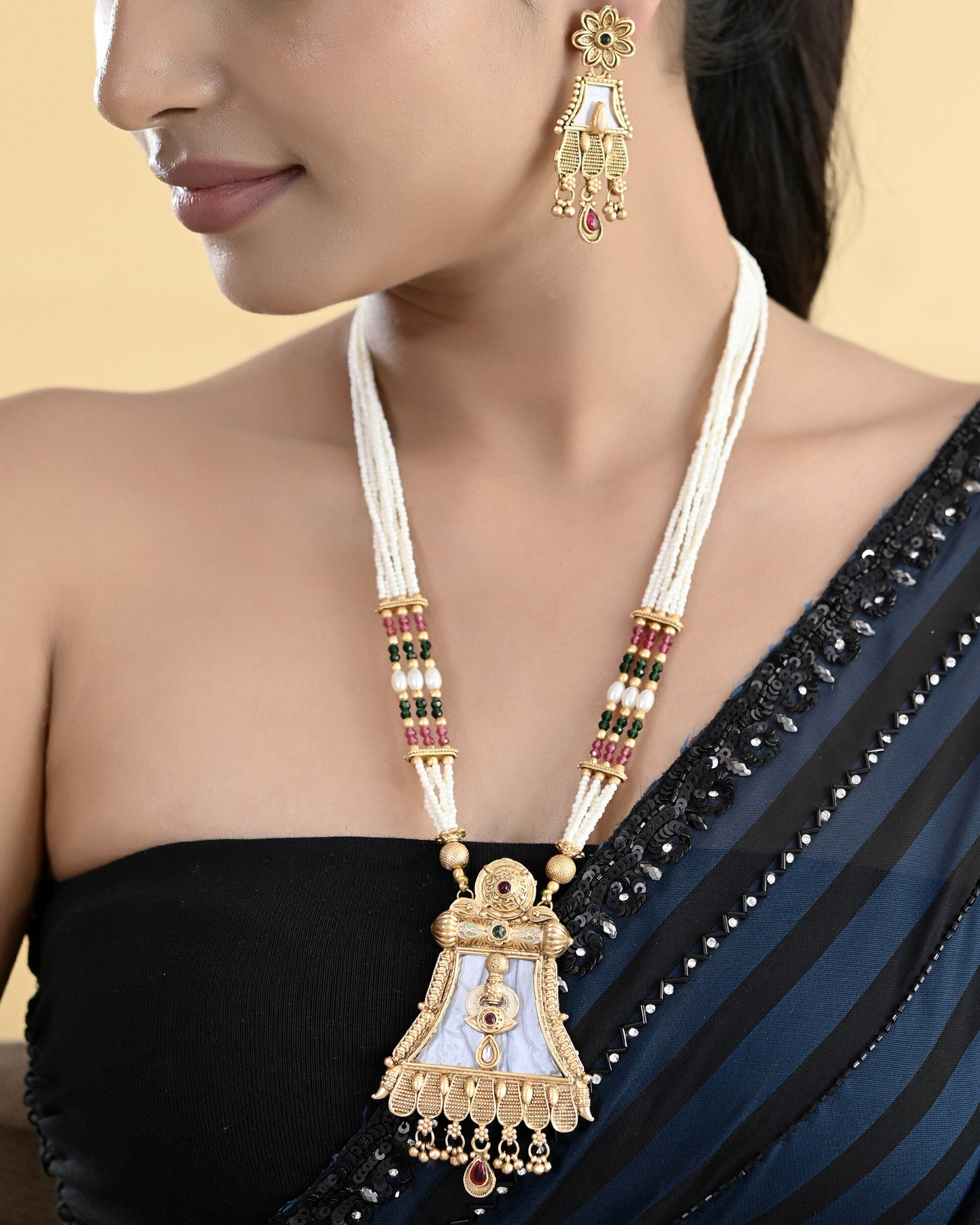 VOJ Gold-Polished Moon Stone Studded long Necklace With Earrings Set - Swadesiicart