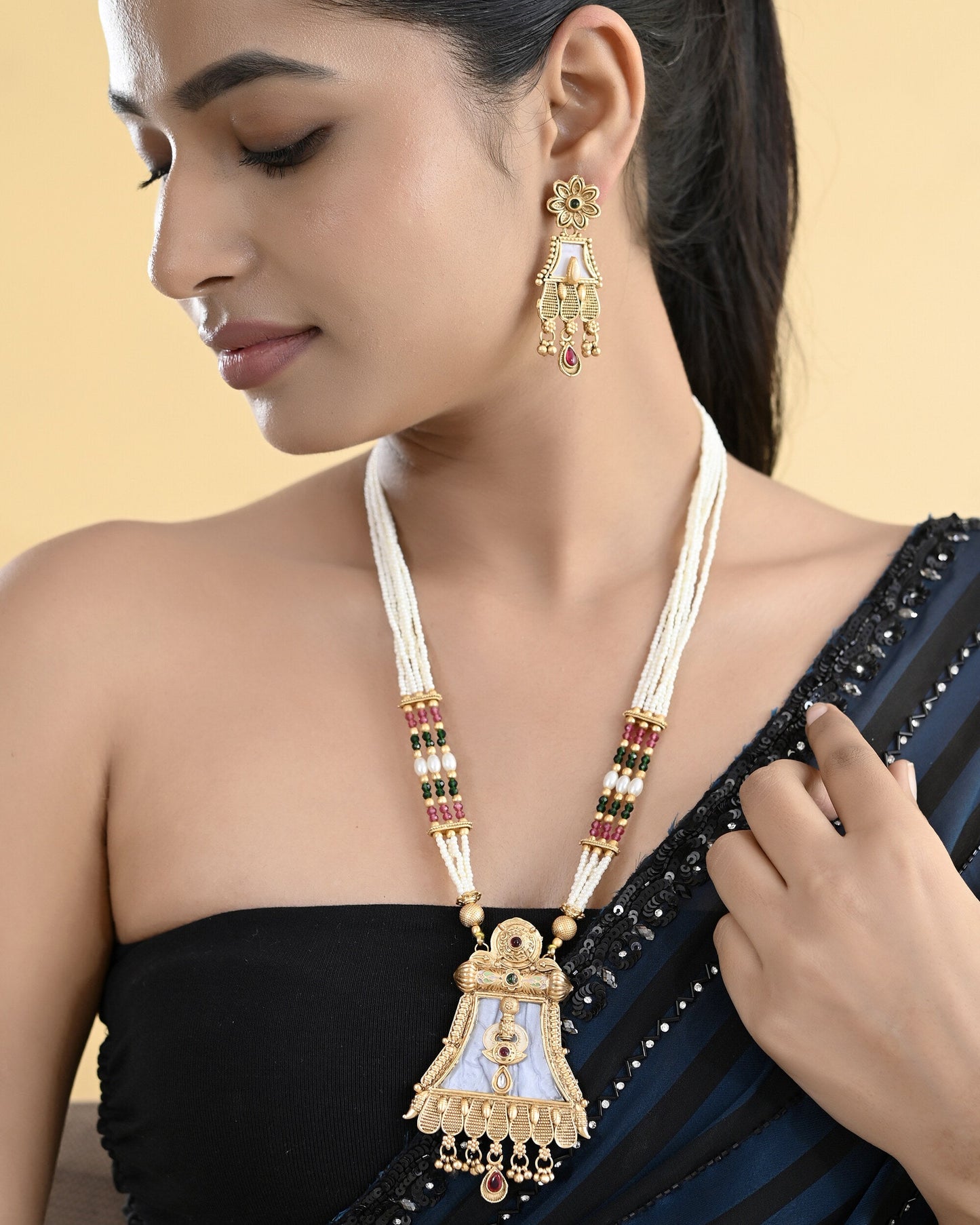 VOJ Gold-Polished Moon Stone Studded long Necklace With Earrings Set - Swadesiicart