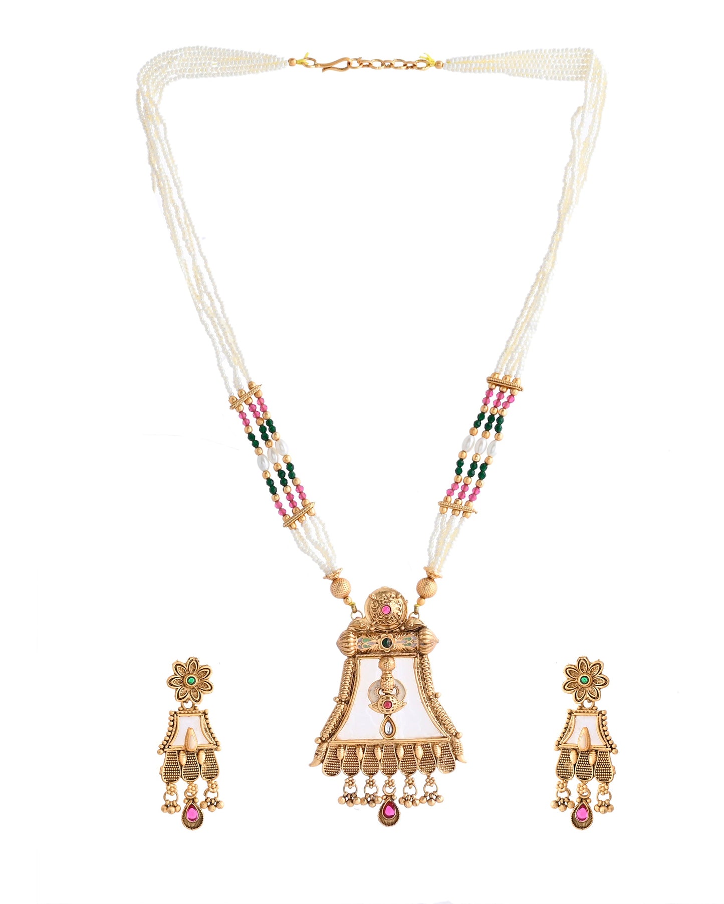 VOJ Gold-Polished Moon Stone Studded long Necklace With Earrings Set - Swadesiicart