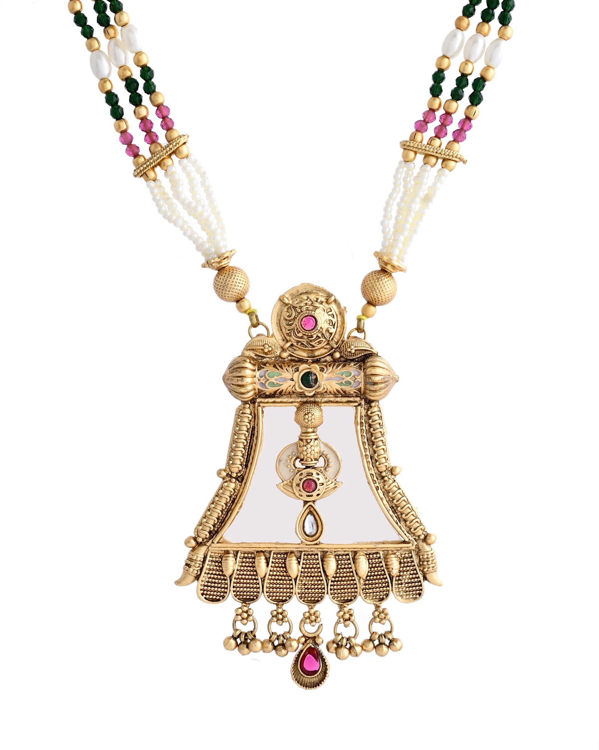VOJ Gold-Polished Moon Stone Studded long Necklace With Earrings Set - Swadesiicart