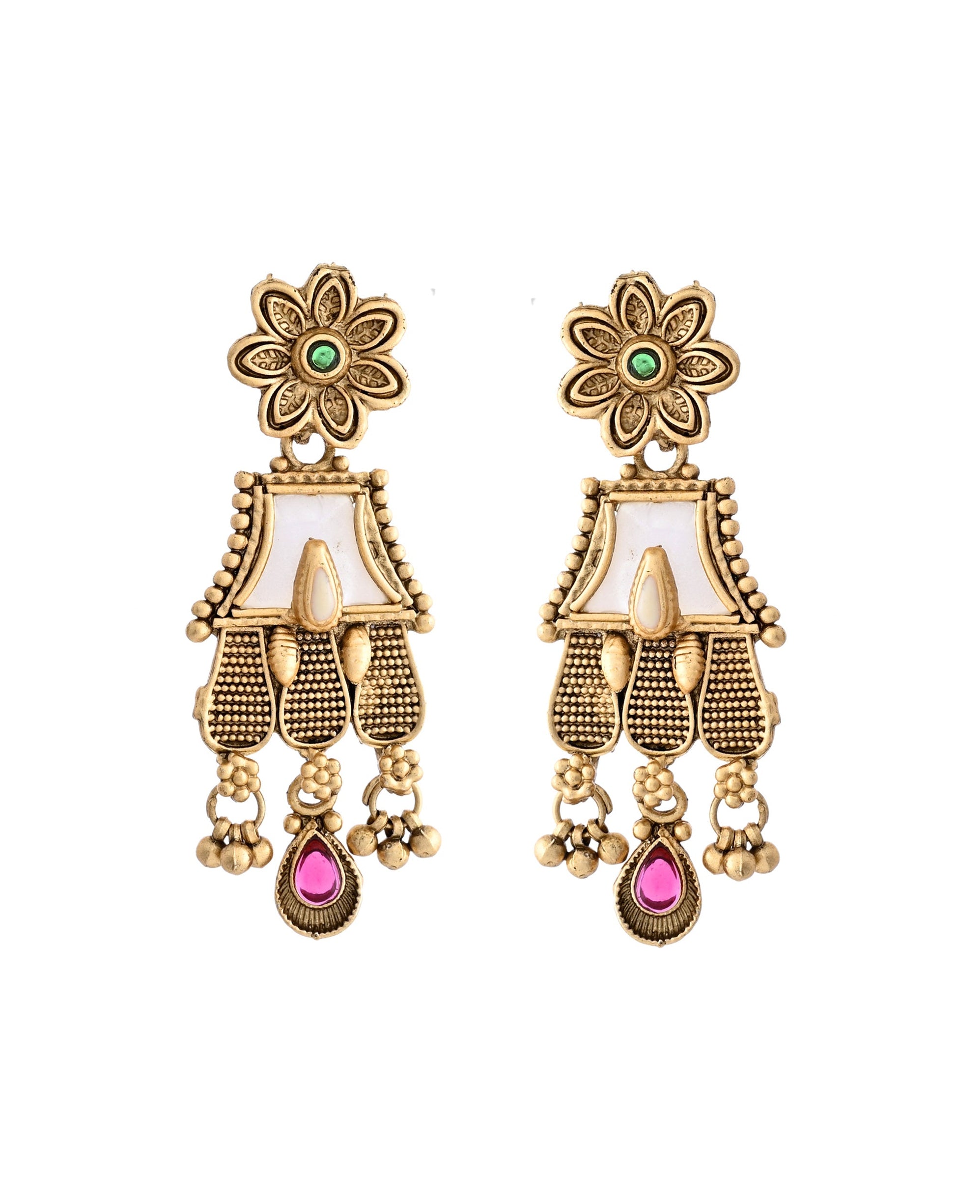 VOJ Gold-Polished Moon Stone Studded long Necklace With Earrings Set - Swadesiicart