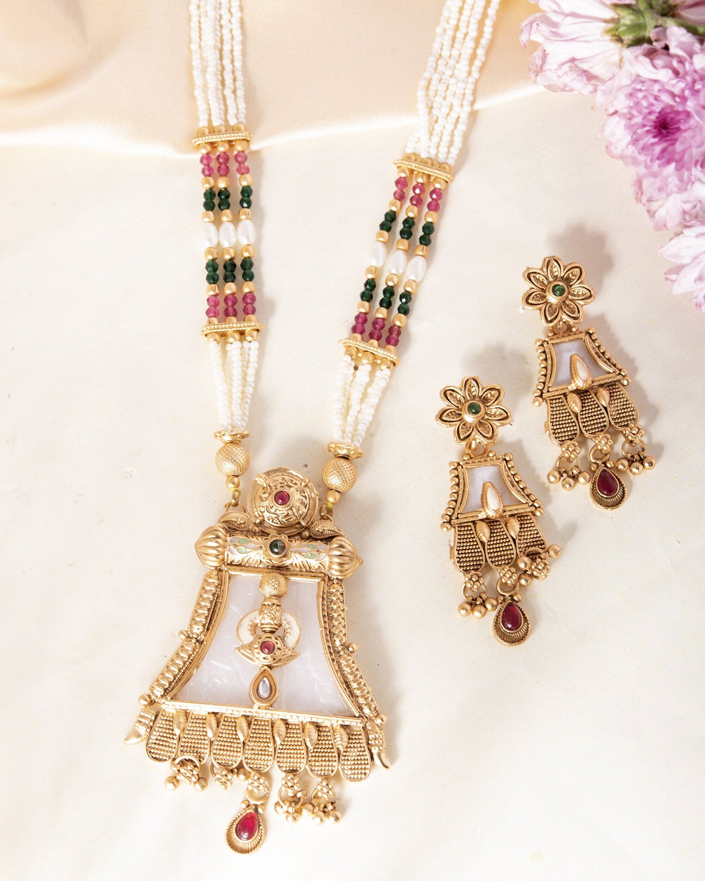 VOJ Gold-Polished Moon Stone Studded long Necklace With Earrings Set - Swadesiicart
