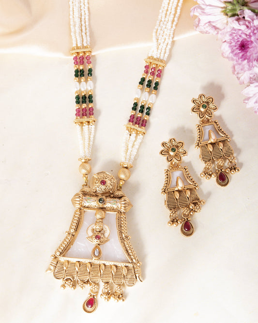 VOJ Gold-Polished Moon Stone Studded long Necklace With Earrings Set - Swadesiicart