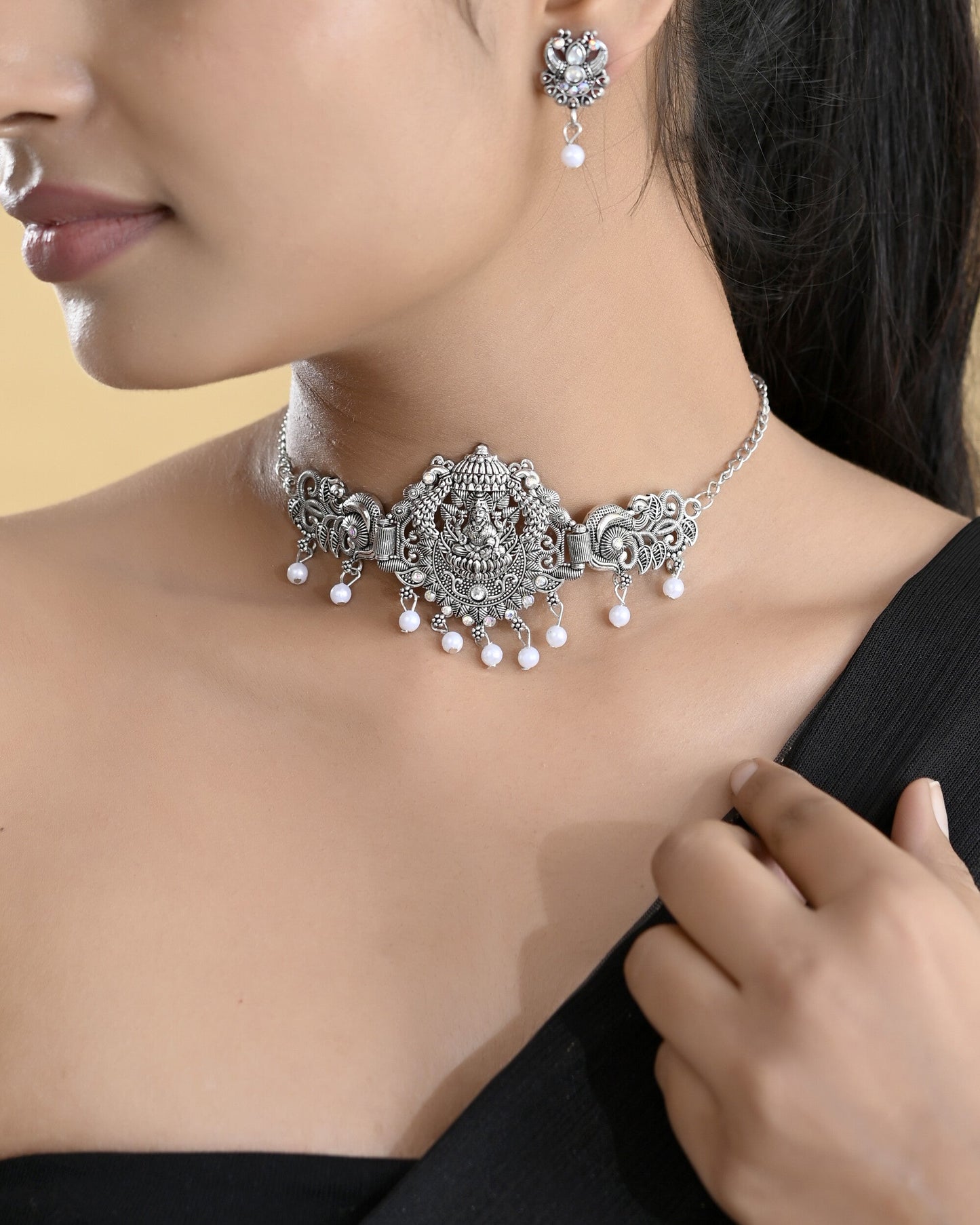 VOJ Silver Plated Oxidized Temple Jewellery Set - Swadesiicart