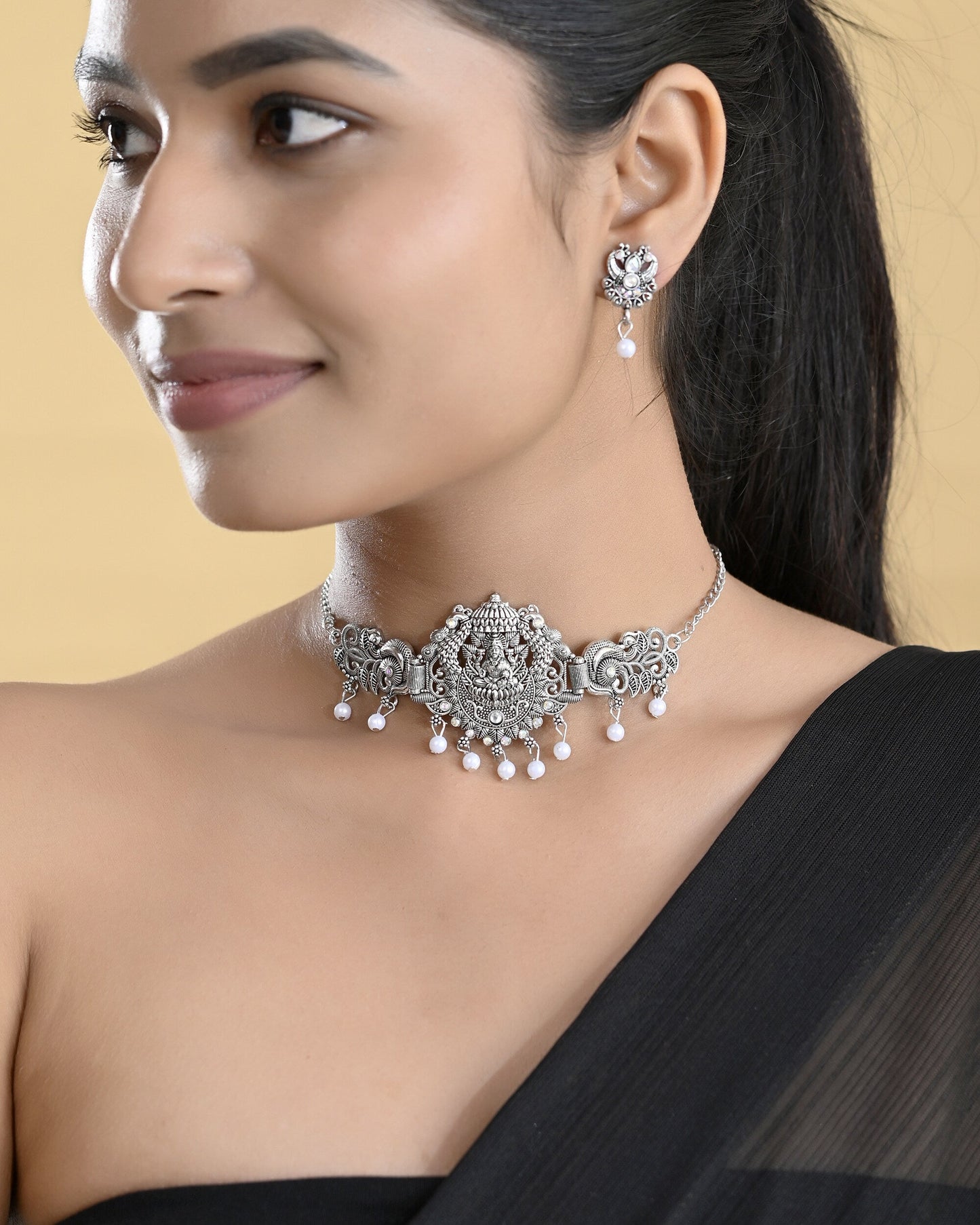 VOJ Silver Plated Oxidized Temple Jewellery Set - Swadesiicart