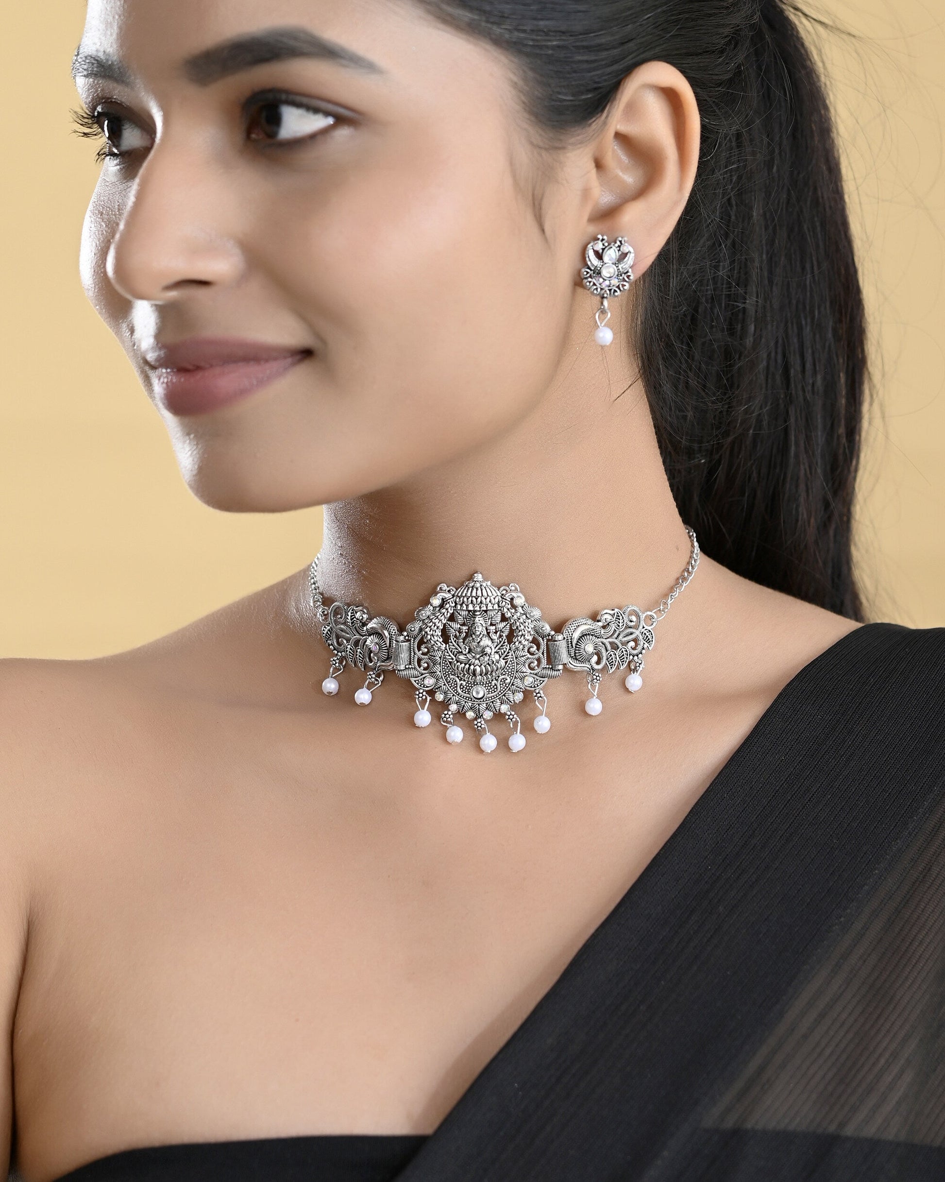 VOJ Silver Plated Oxidized Temple Jewellery Set - Swadesiicart