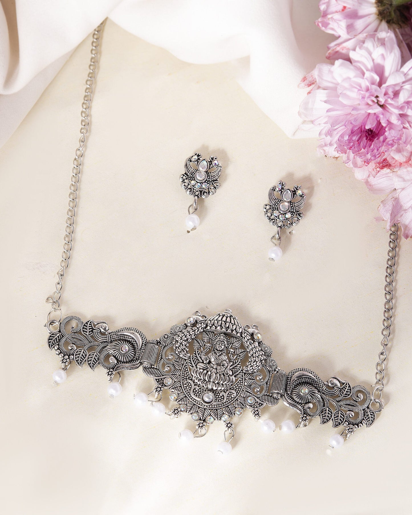 VOJ Silver Plated Oxidized Temple Jewellery Set - Swadesiicart