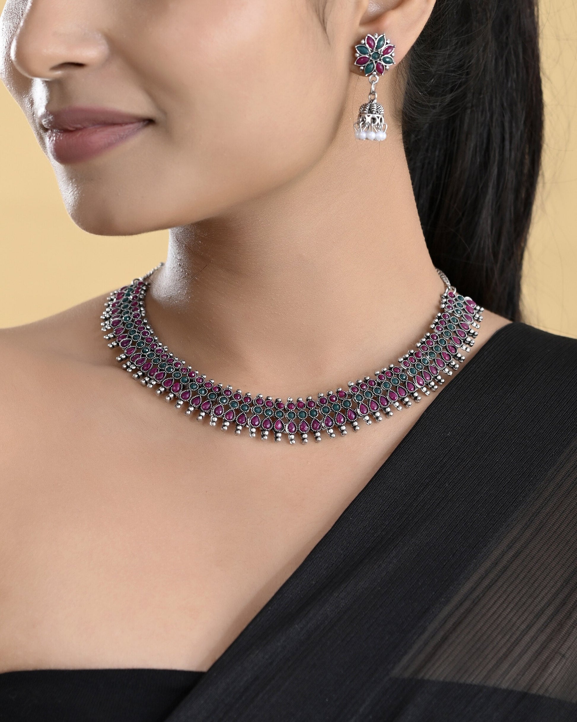 VOJ Silver Plated Oxidized Multi Color Stone Choker With Earrings Set - Swadesiicart