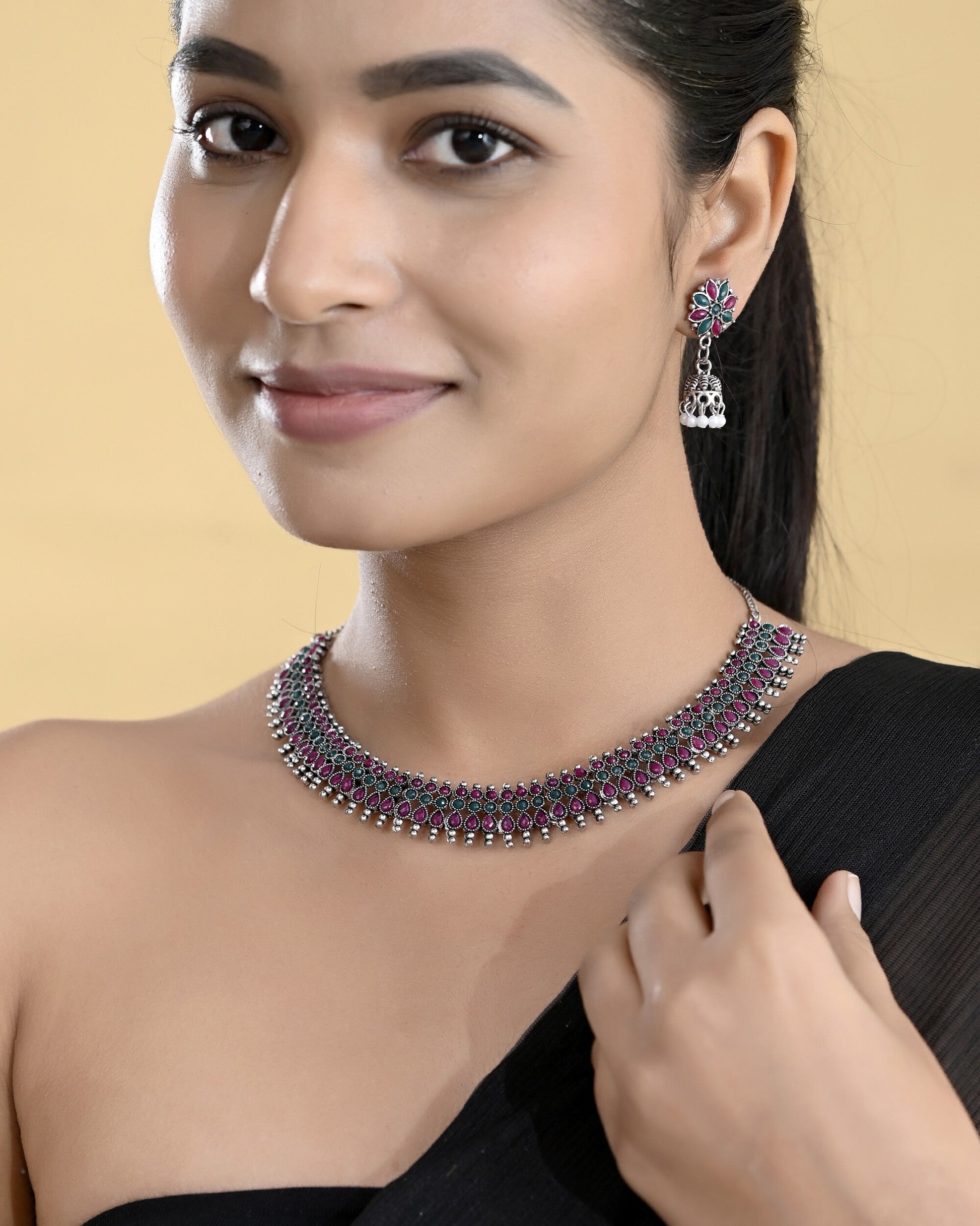 VOJ Silver Plated Oxidized Multi Color Stone Choker With Earrings Set - Swadesiicart