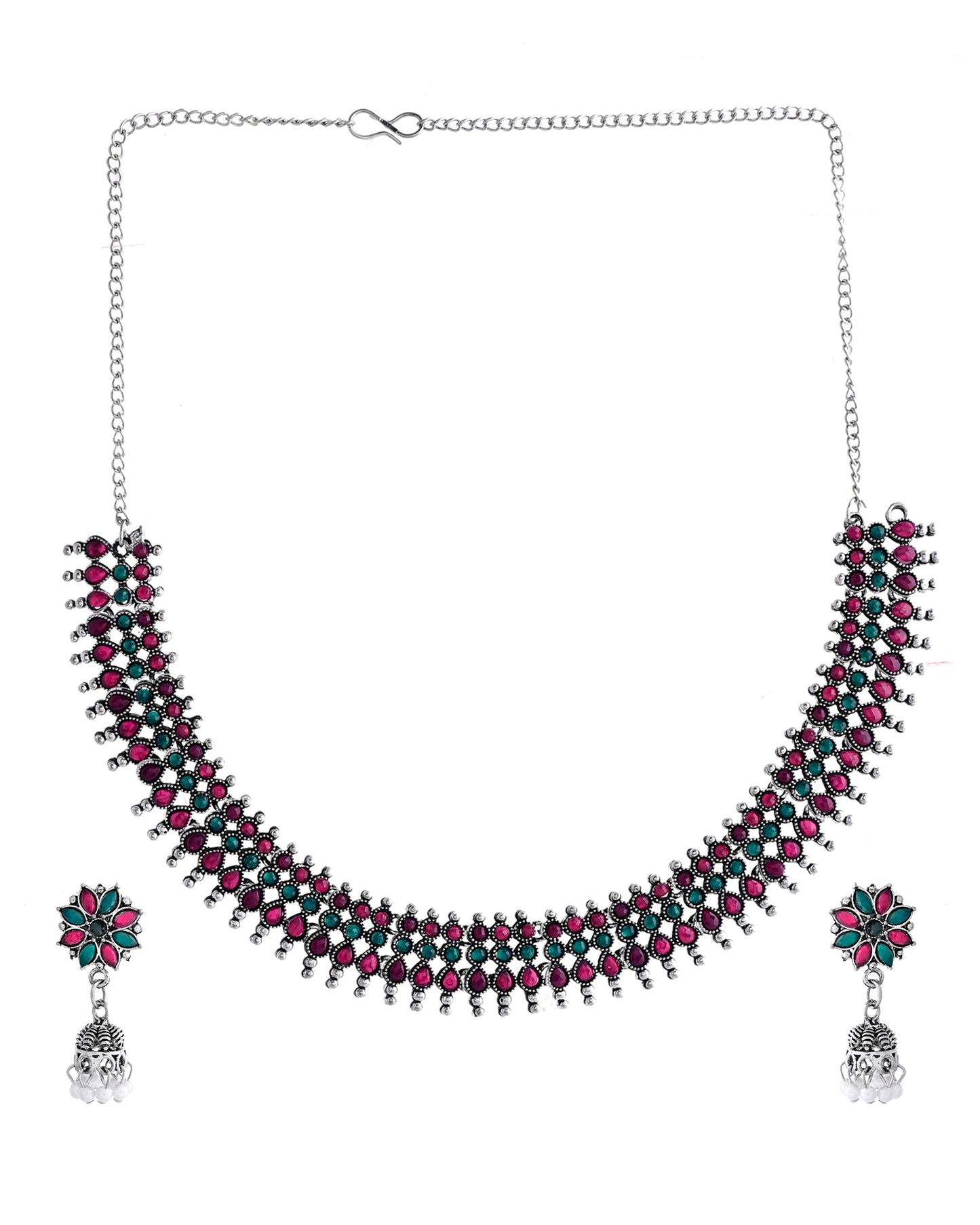 VOJ Silver Plated Oxidized Multi Color Stone Choker With Earrings Set - Swadesiicart