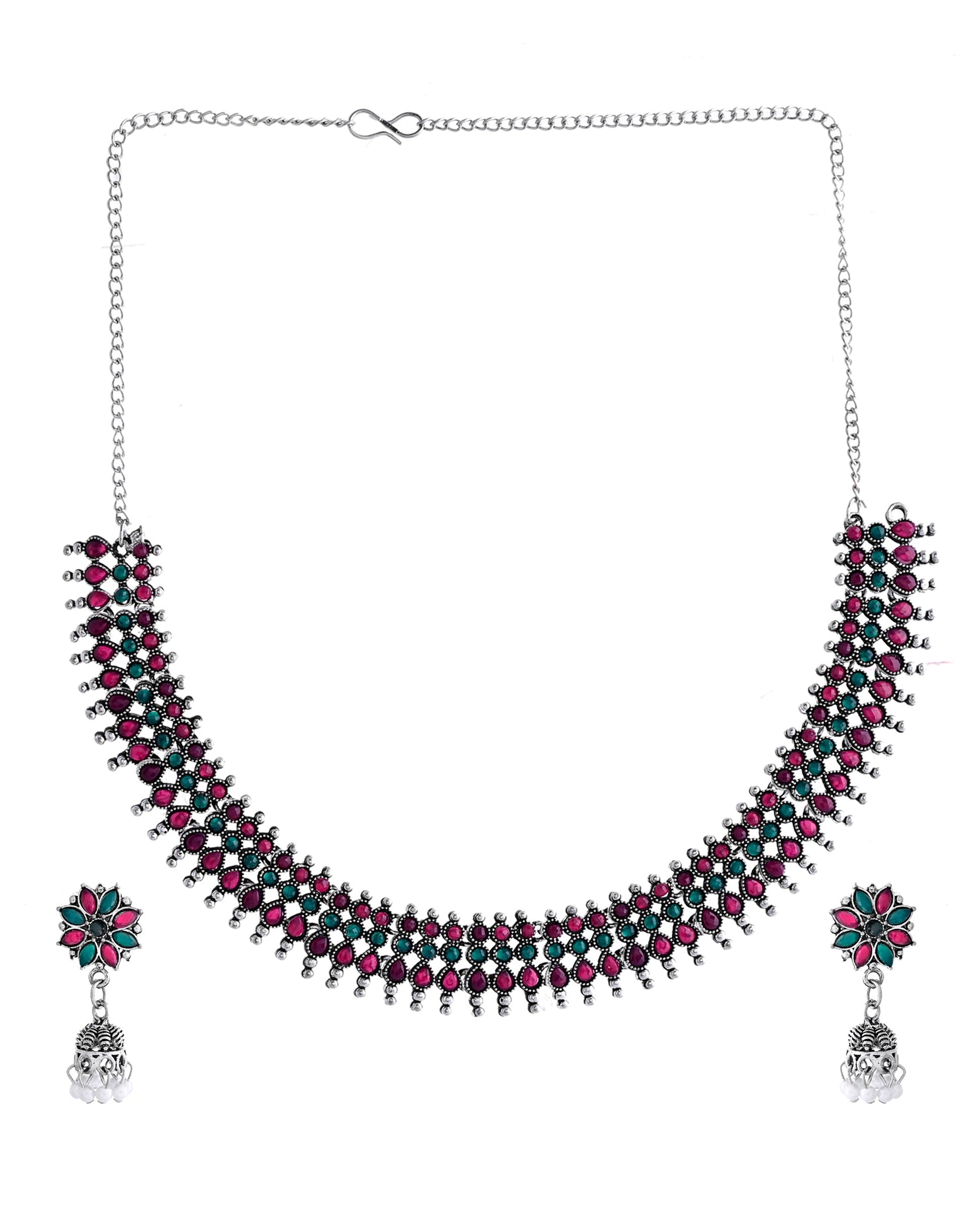 VOJ Silver Plated Oxidized Multi Color Stone Choker With Earrings Set - Swadesiicart
