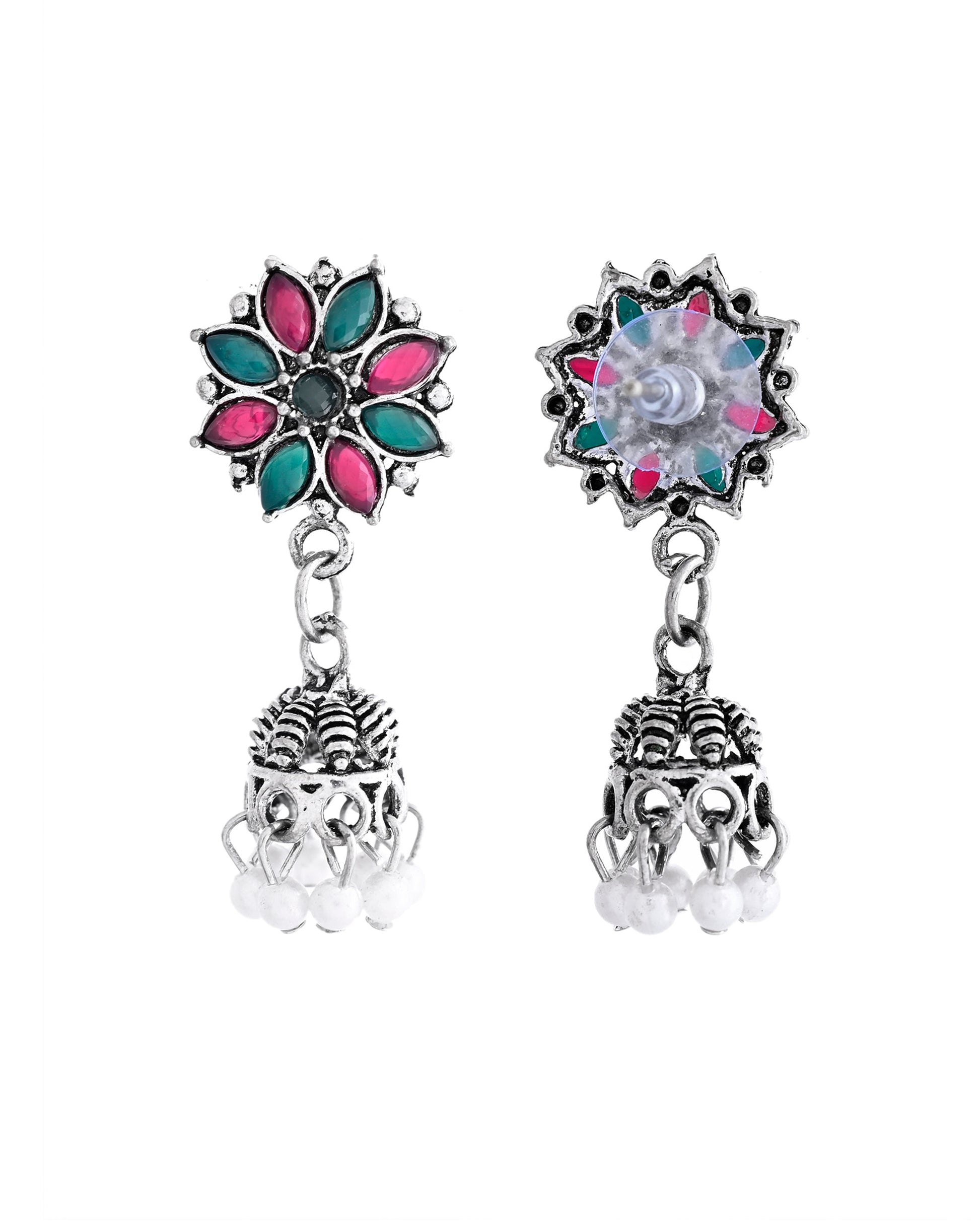 VOJ Silver Plated Oxidized Multi Color Stone Choker With Earrings Set - Swadesiicart