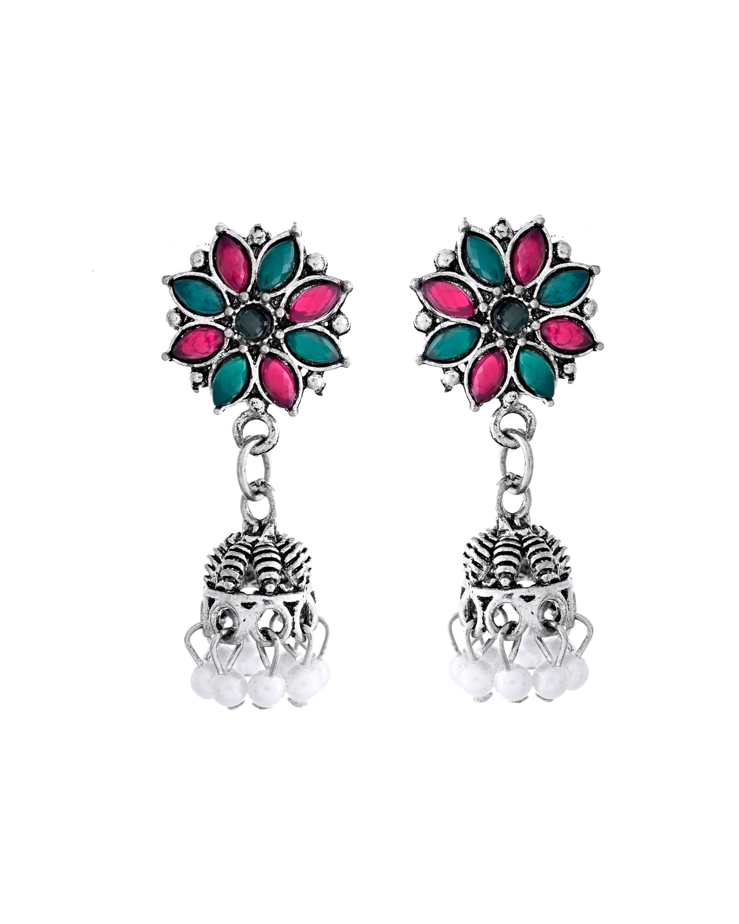 VOJ Silver Plated Oxidized Multi Color Stone Choker With Earrings Set - Swadesiicart