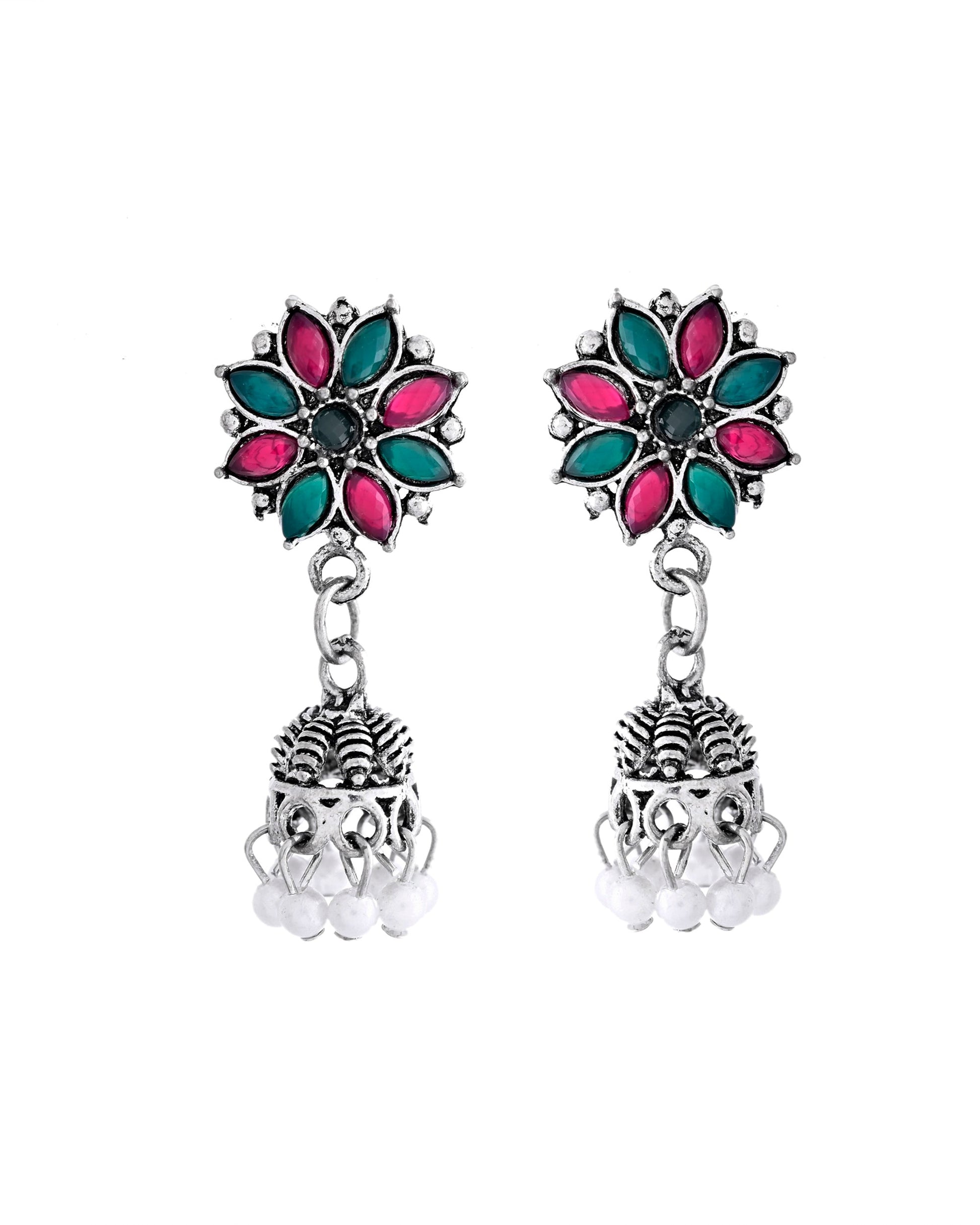 VOJ Silver Plated Oxidized Multi Color Stone Choker With Earrings Set - Swadesiicart