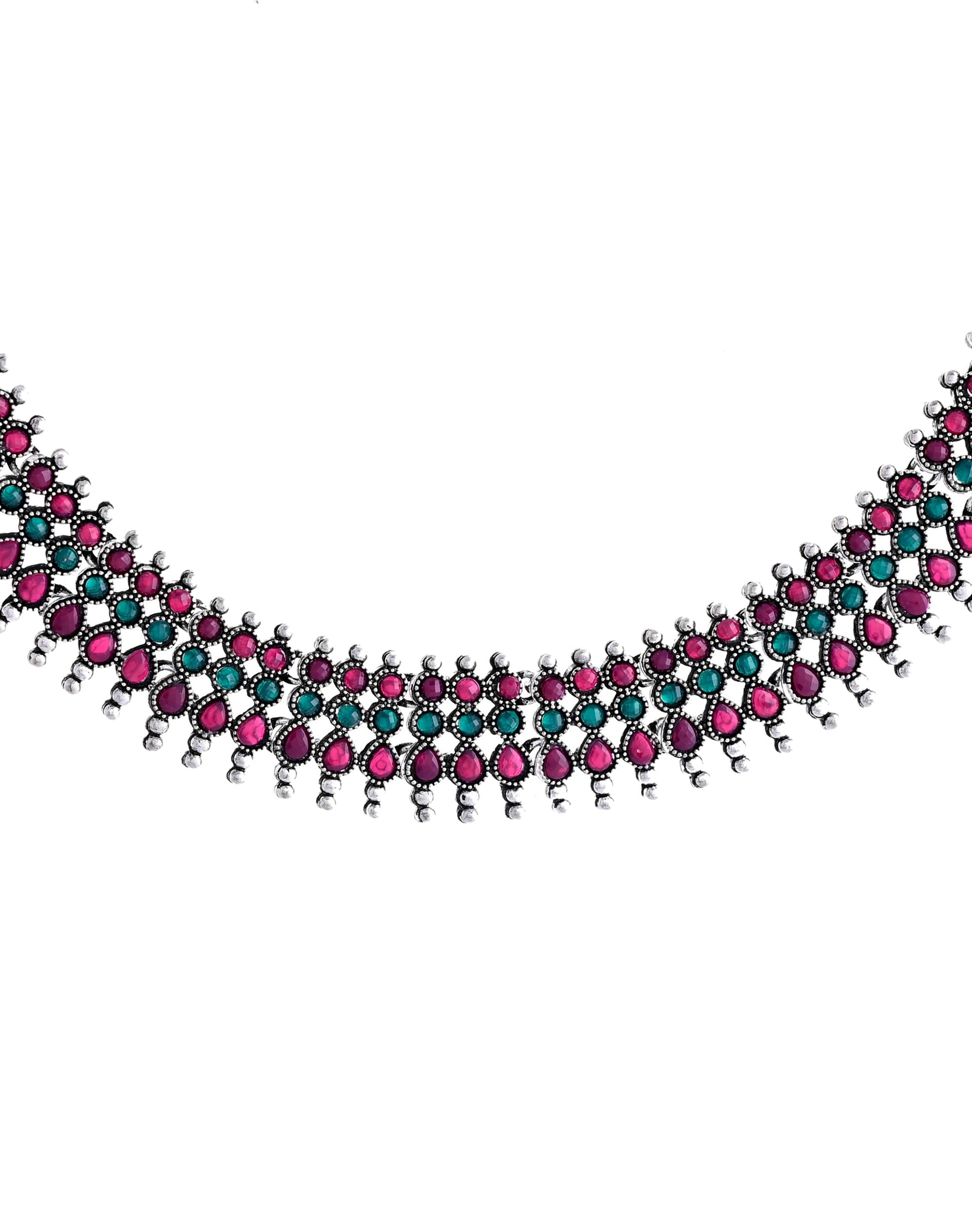 VOJ Silver Plated Oxidized Multi Color Stone Choker With Earrings Set - Swadesiicart