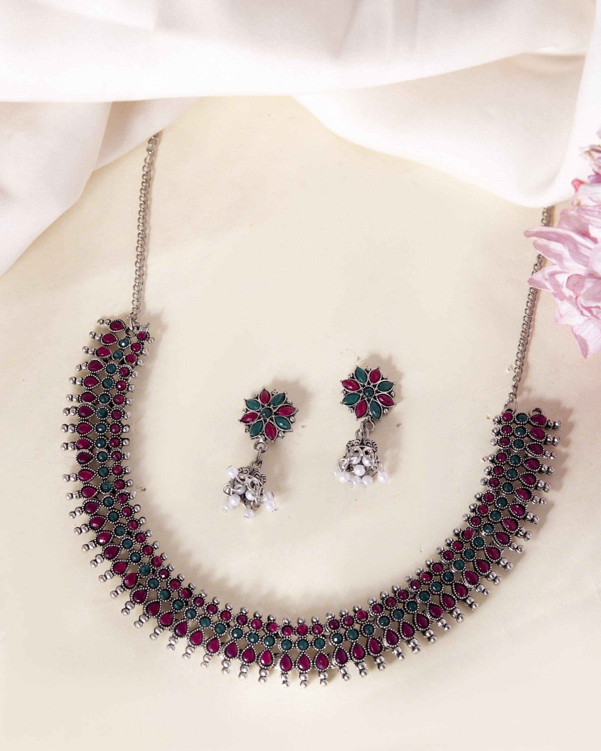 VOJ Silver Plated Oxidized Multi Color Stone Choker With Earrings Set - Swadesiicart