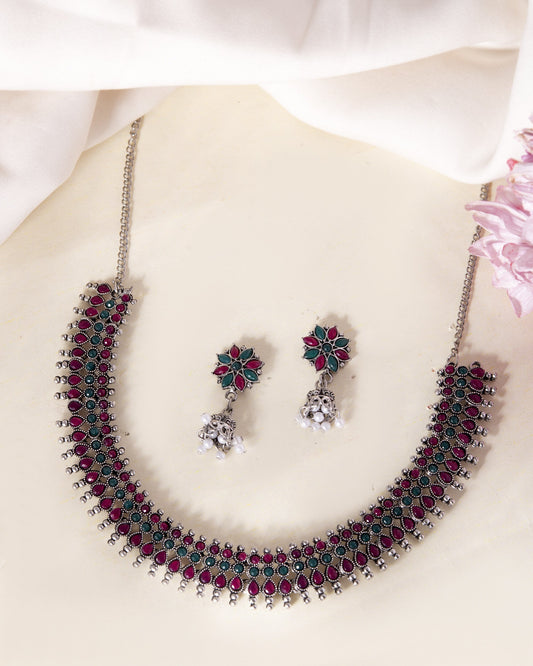 VOJ Silver Plated Oxidized Multi Color Stone Choker With Earrings Set - Swadesiicart