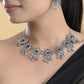 VOJ Silver Toned Peacock Printed Choker Necklace With Earrings Set - Swadesiicart