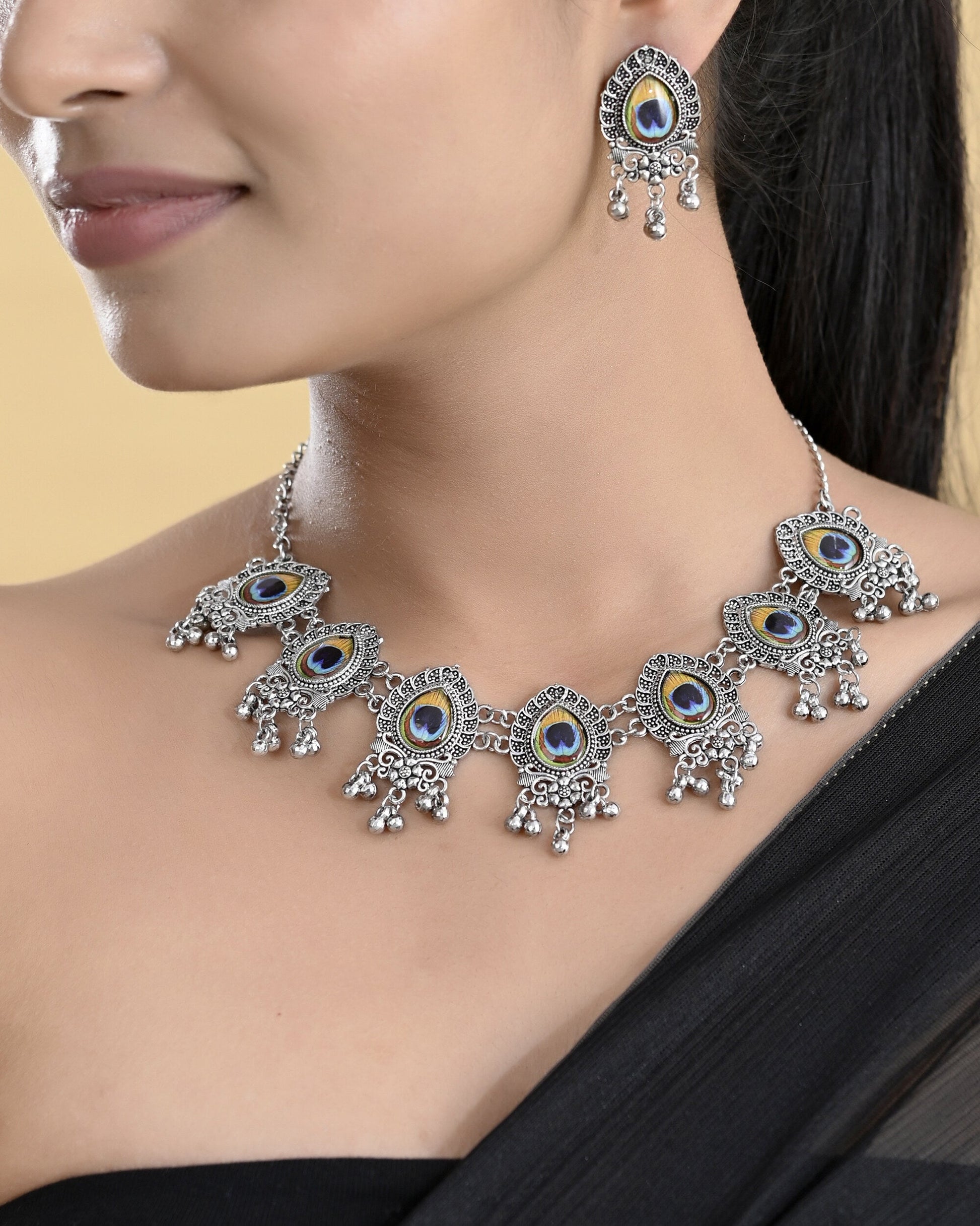 VOJ Silver Toned Peacock Printed Choker Necklace With Earrings Set - Swadesiicart
