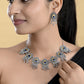 VOJ Silver Toned Peacock Printed Choker Necklace With Earrings Set - Swadesiicart
