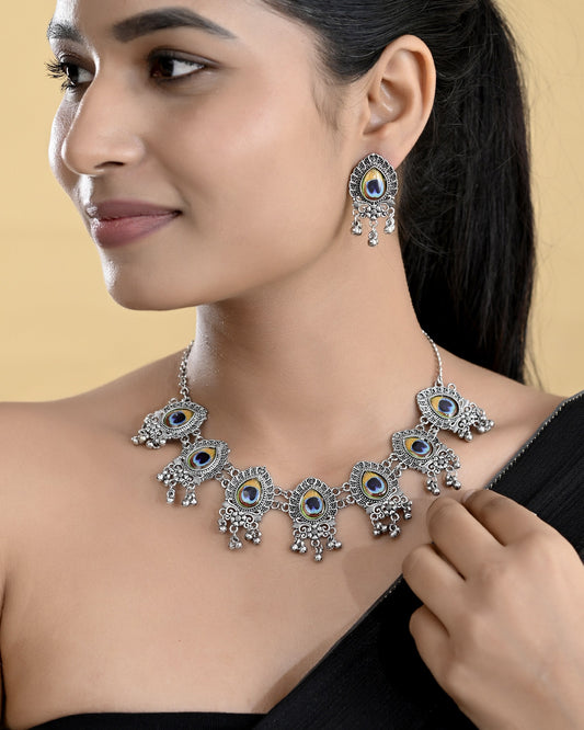 VOJ Silver Toned Peacock Printed Choker Necklace With Earrings Set - Swadesiicart