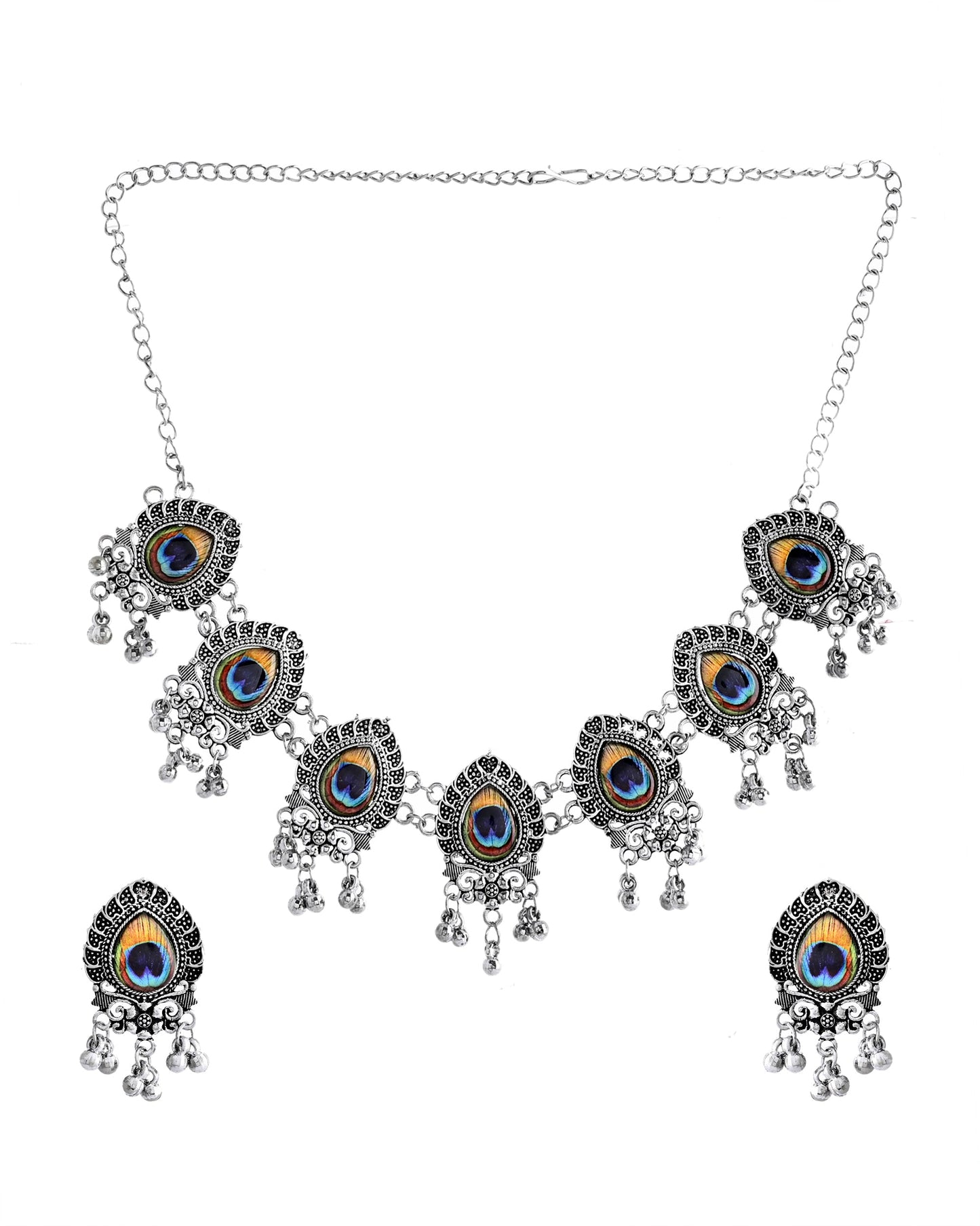 VOJ Silver Toned Peacock Printed Choker Necklace With Earrings Set - Swadesiicart