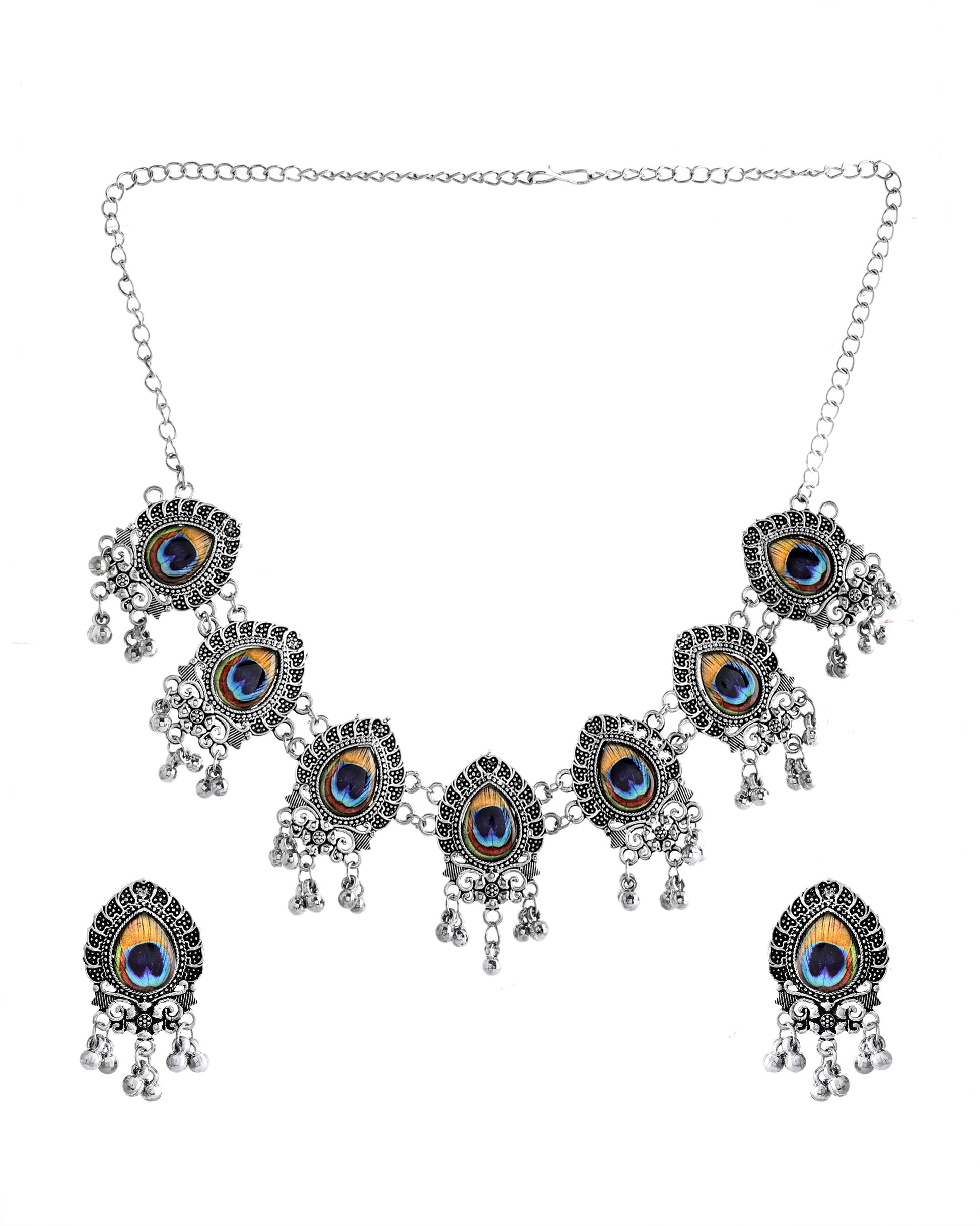 VOJ Silver Toned Peacock Printed Choker Necklace With Earrings Set - Swadesiicart