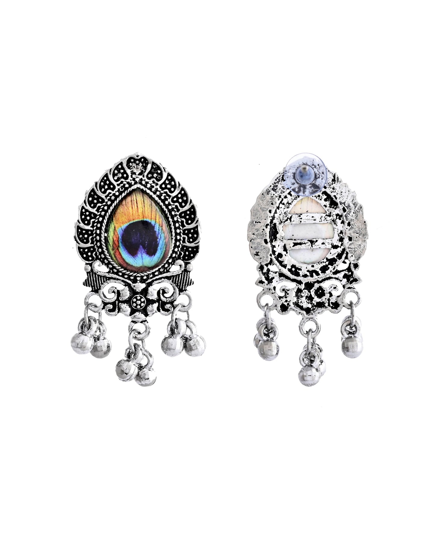 VOJ Silver Toned Peacock Printed Choker Necklace With Earrings Set - Swadesiicart