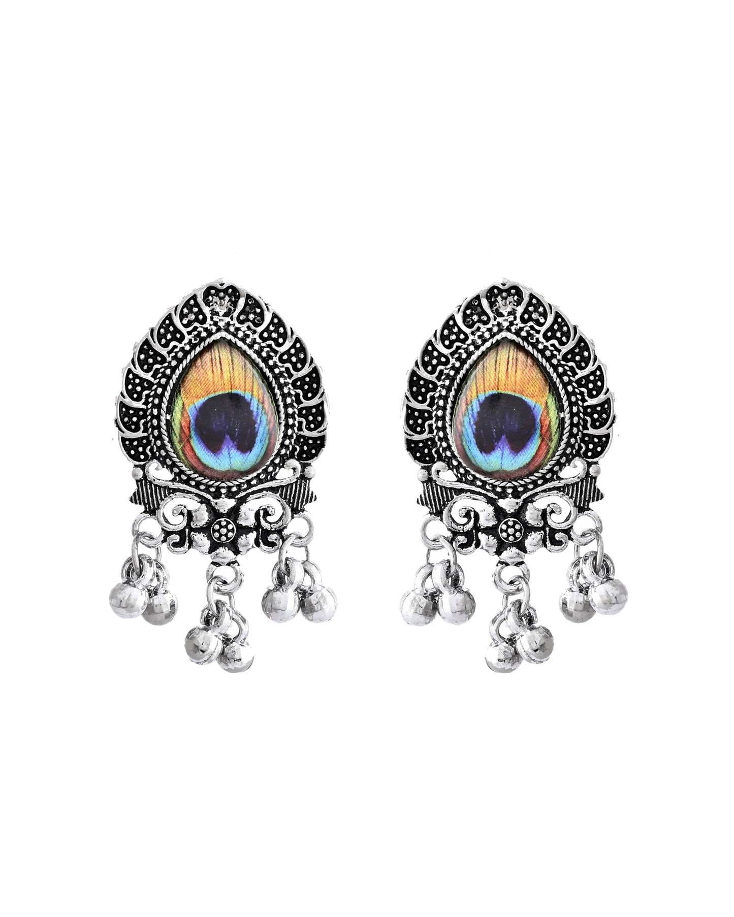 VOJ Silver Toned Peacock Printed Choker Necklace With Earrings Set - Swadesiicart