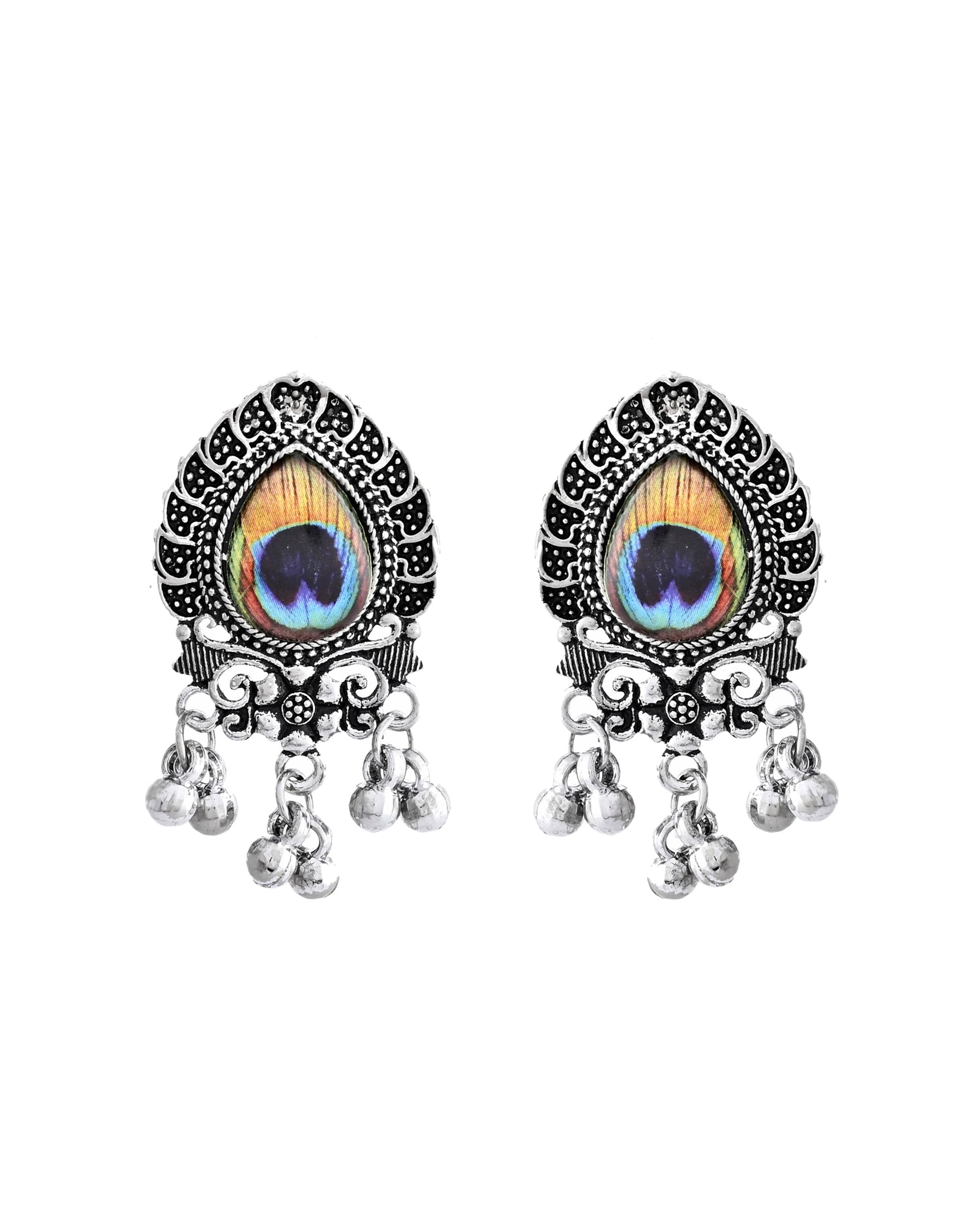 VOJ Silver Toned Peacock Printed Choker Necklace With Earrings Set - Swadesiicart