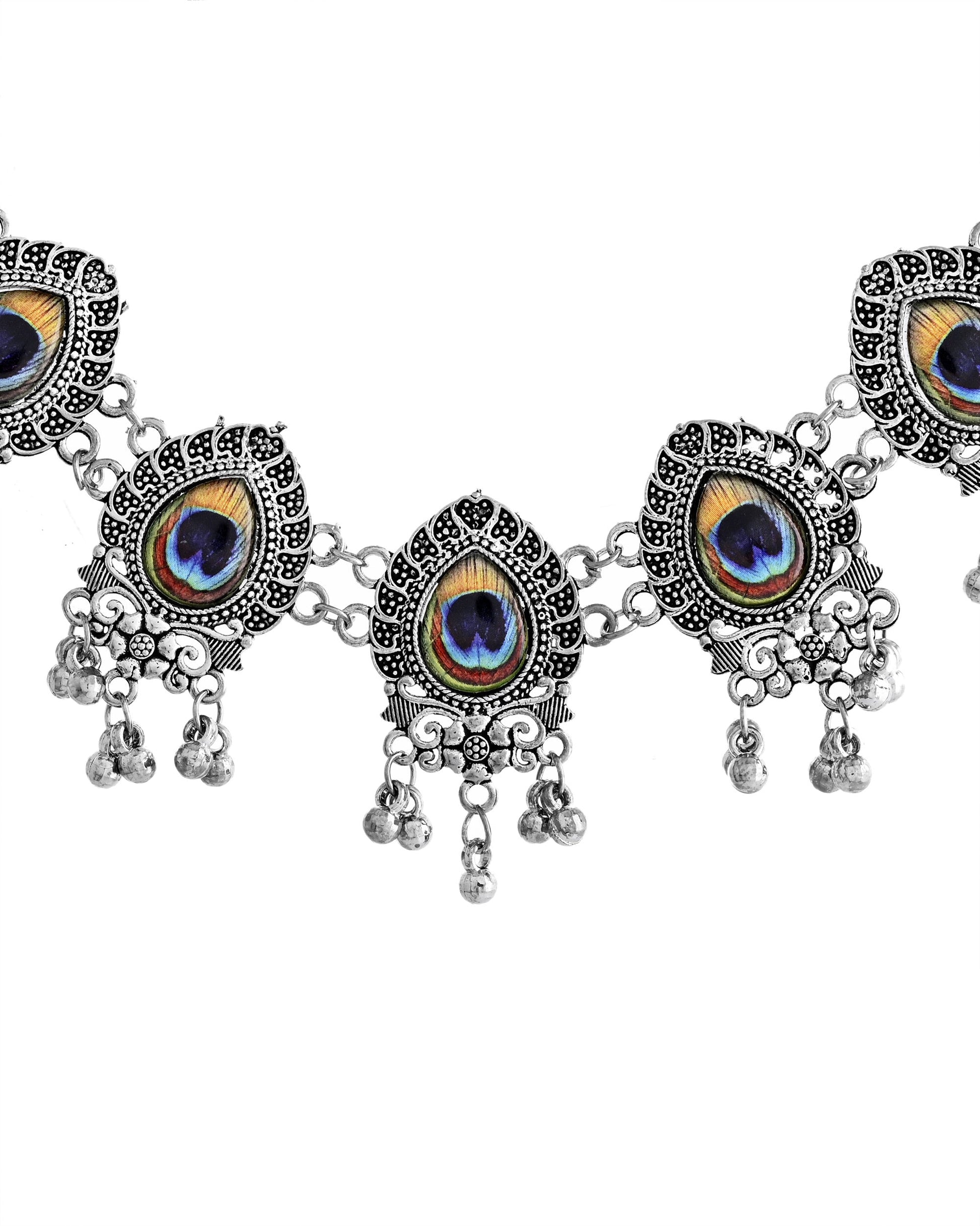 VOJ Silver Toned Peacock Printed Choker Necklace With Earrings Set - Swadesiicart
