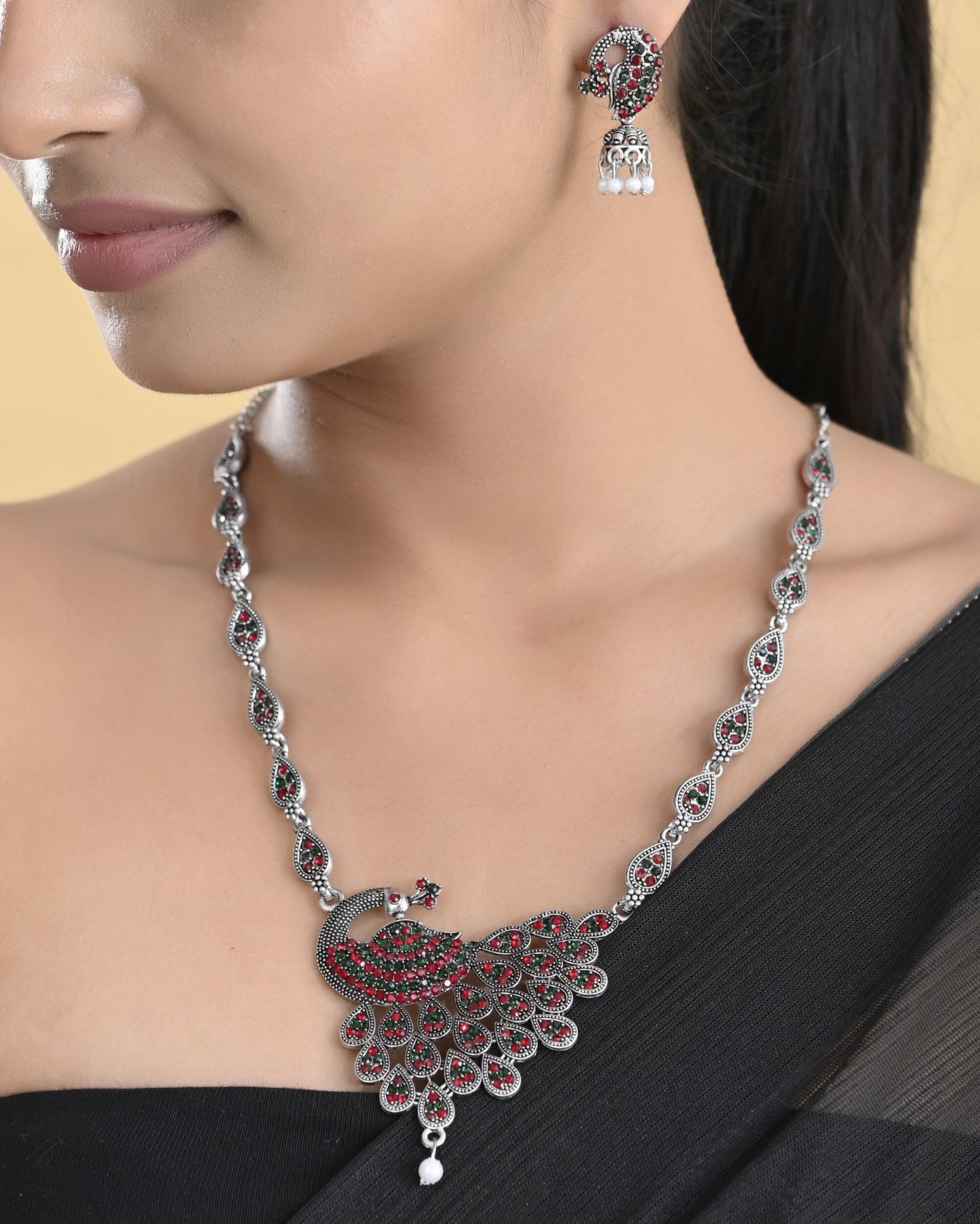 VOJ Silver Plated Peacock Shaped Multi Color Stone Studded Jewellery Set - Swadesiicart