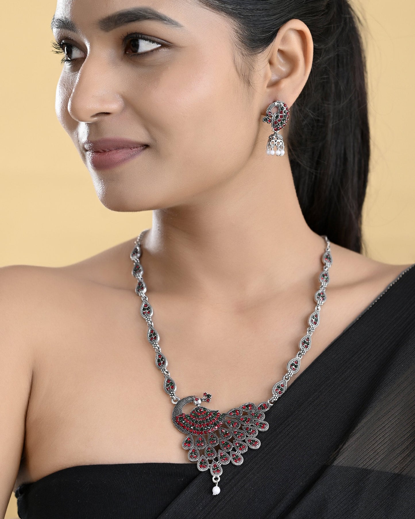 VOJ Silver Plated Peacock Shaped Multi Color Stone Studded Jewellery Set - Swadesiicart