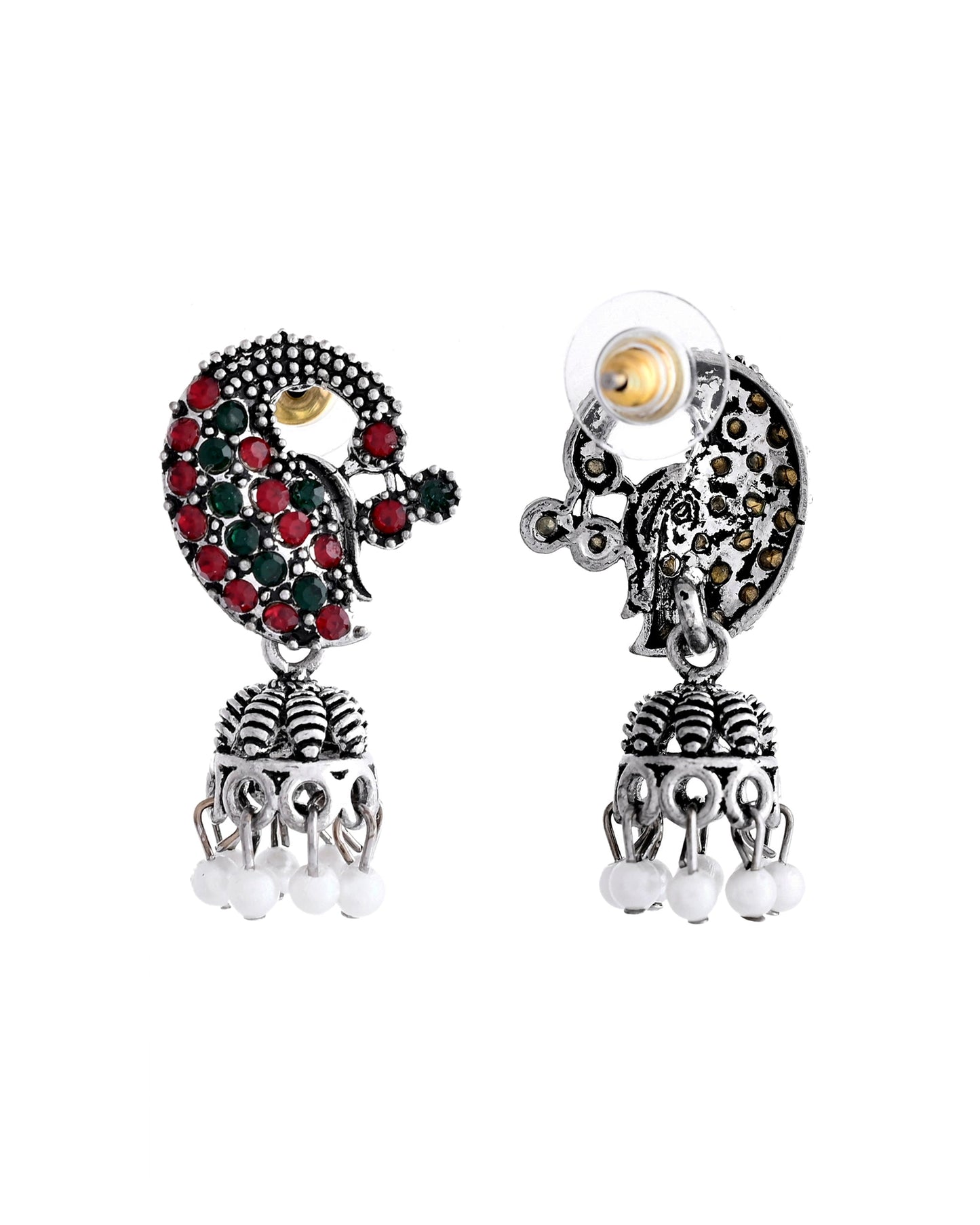 VOJ Silver Plated Peacock Shaped Multi Color Stone Studded Jewellery Set - Swadesiicart