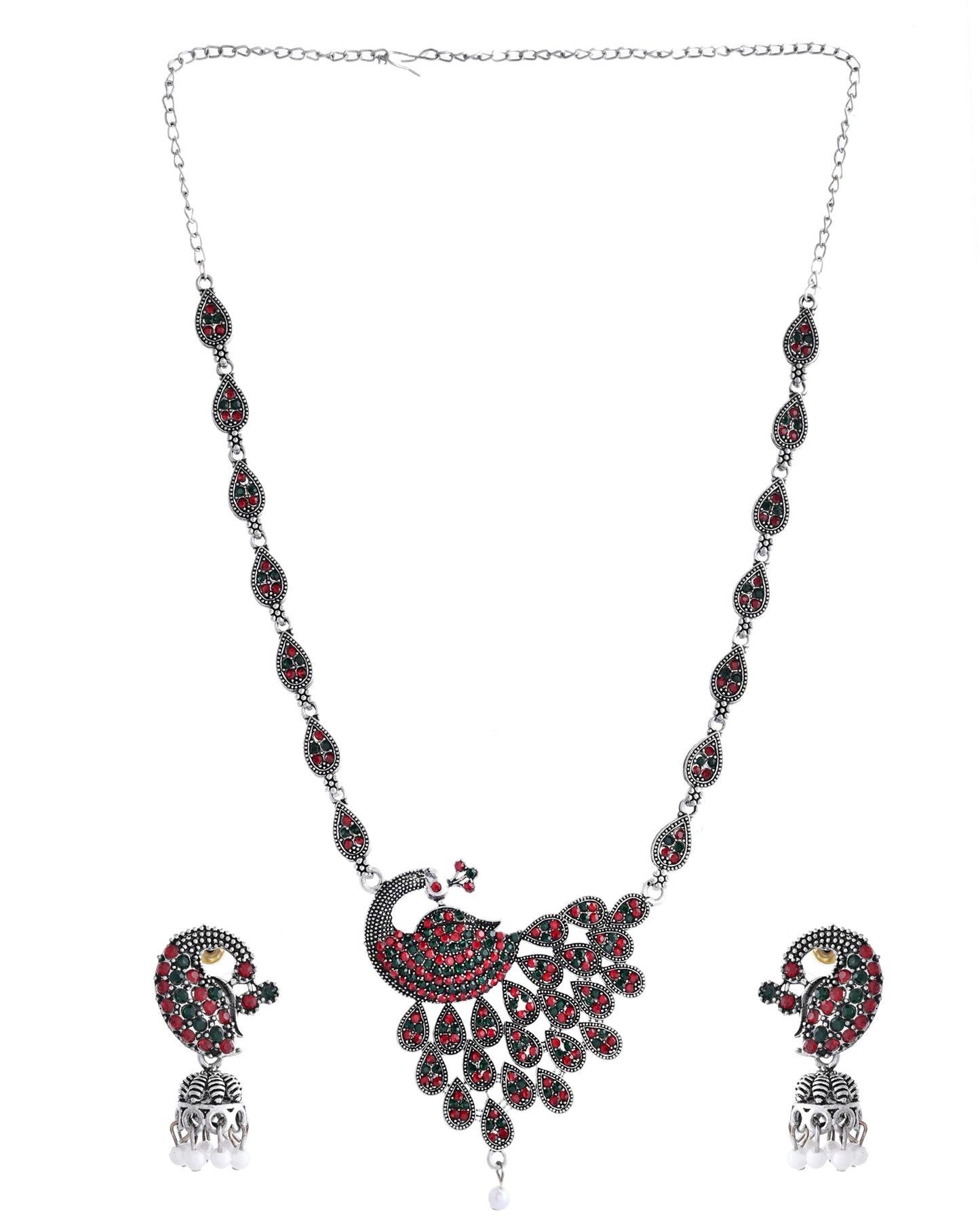 VOJ Silver Plated Peacock Shaped Multi Color Stone Studded Jewellery Set - Swadesiicart