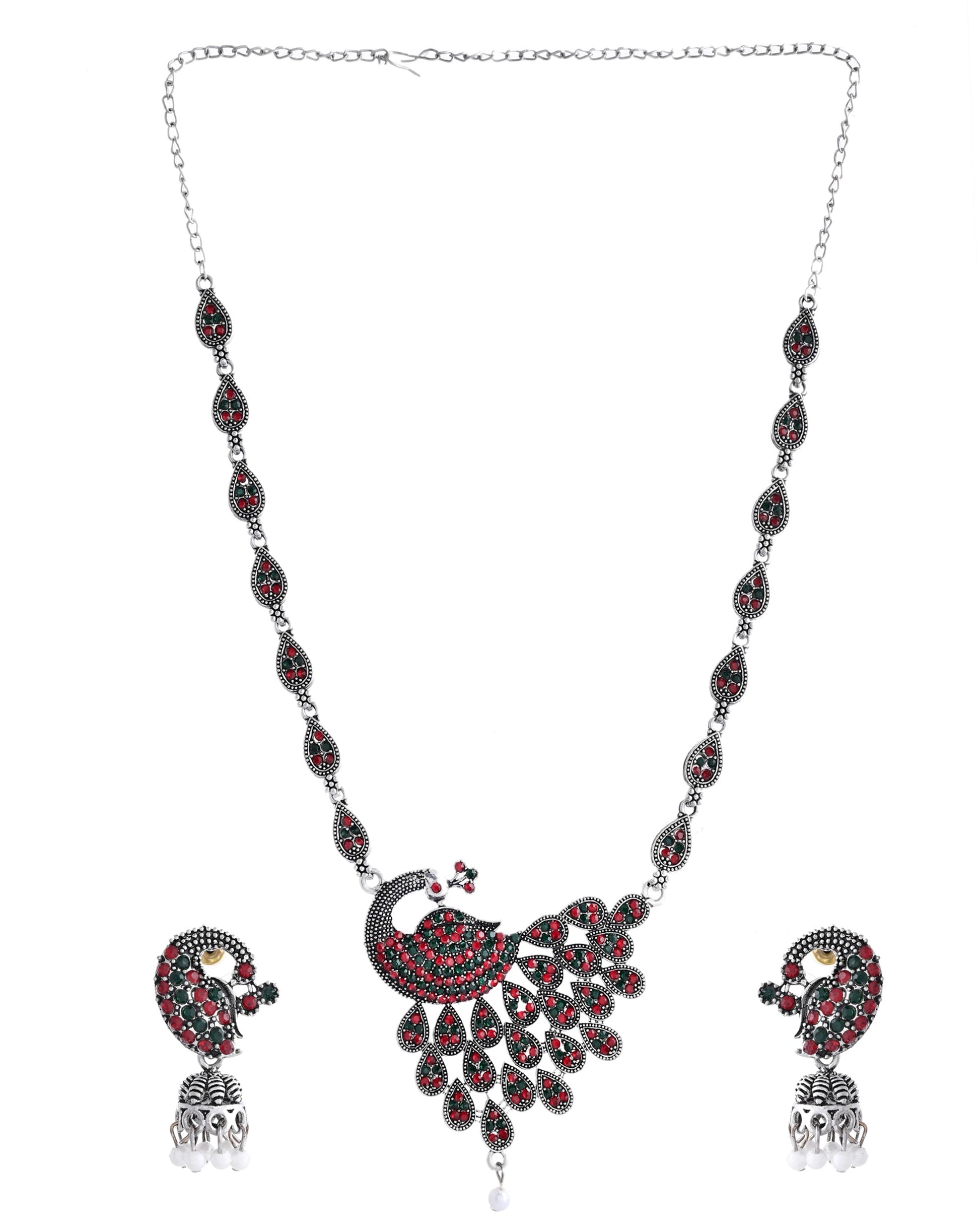 VOJ Silver Plated Peacock Shaped Multi Color Stone Studded Jewellery Set - Swadesiicart