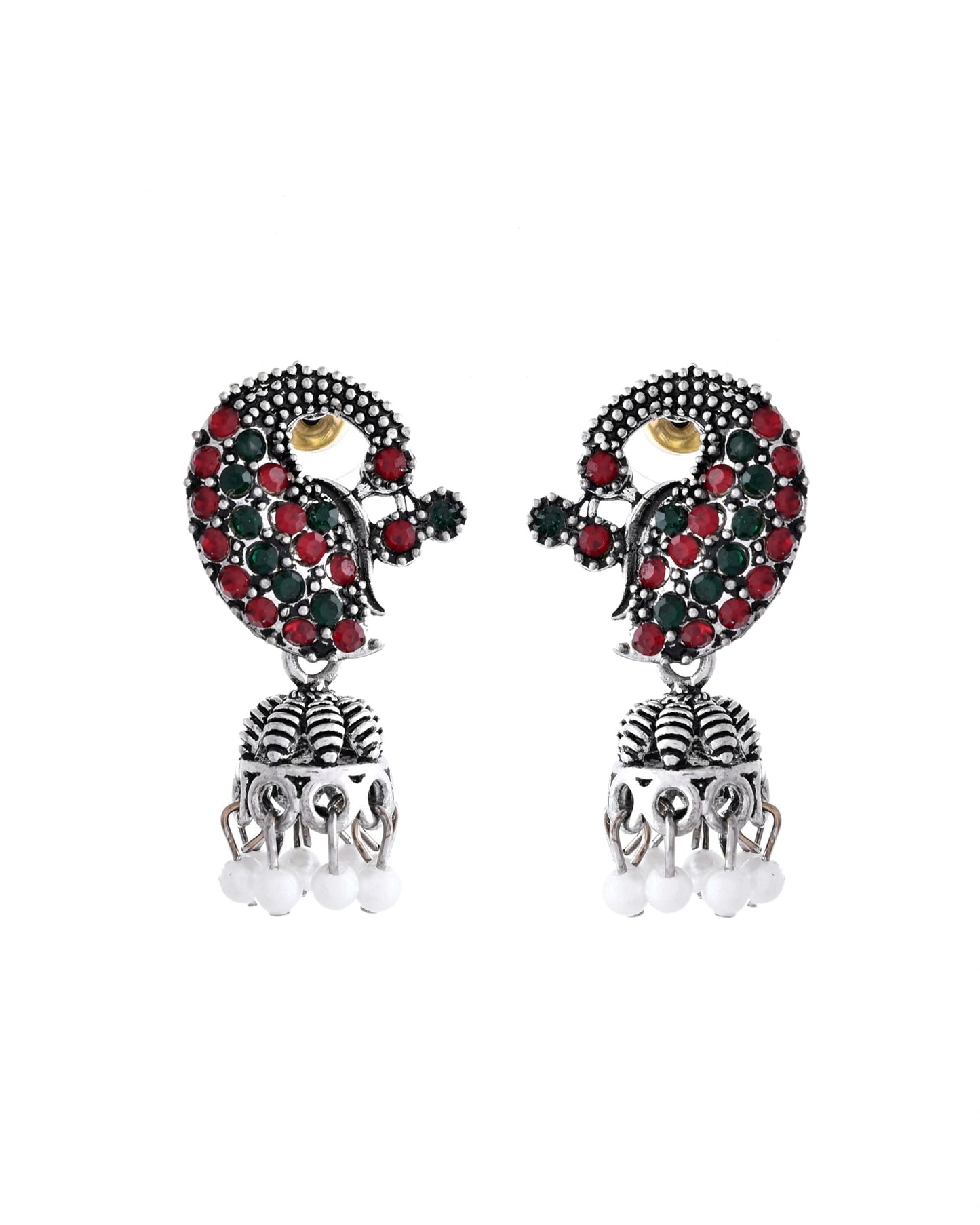 VOJ Silver Plated Peacock Shaped Multi Color Stone Studded Jewellery Set - Swadesiicart