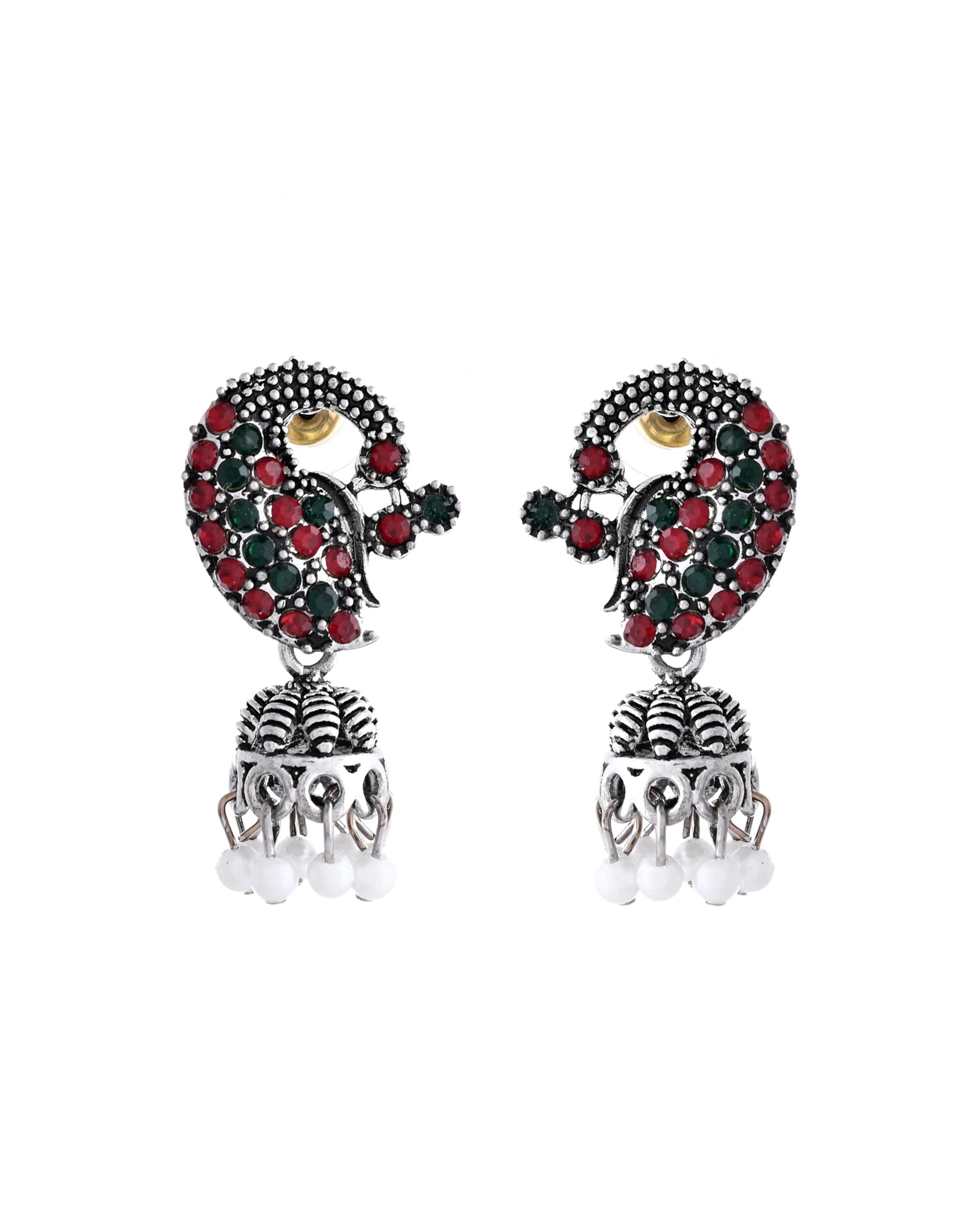 VOJ Silver Plated Peacock Shaped Multi Color Stone Studded Jewellery Set - Swadesiicart