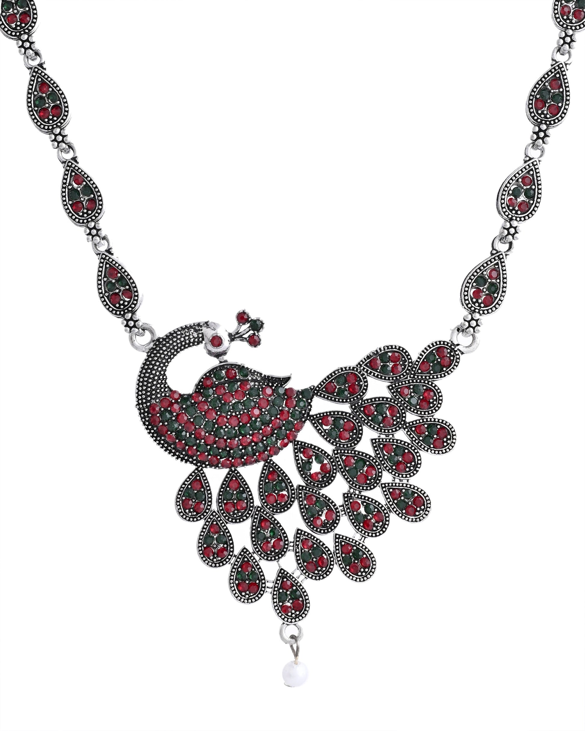VOJ Silver Plated Peacock Shaped Multi Color Stone Studded Jewellery Set - Swadesiicart