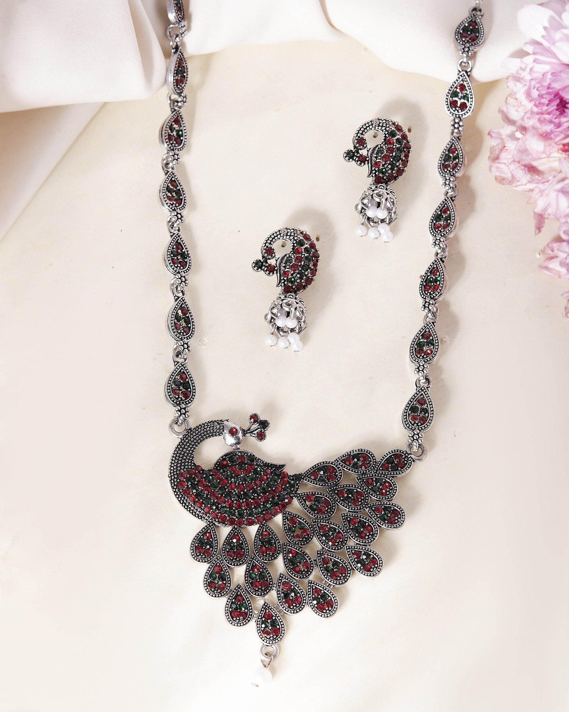 VOJ Silver Plated Peacock Shaped Multi Color Stone Studded Jewellery Set - Swadesiicart