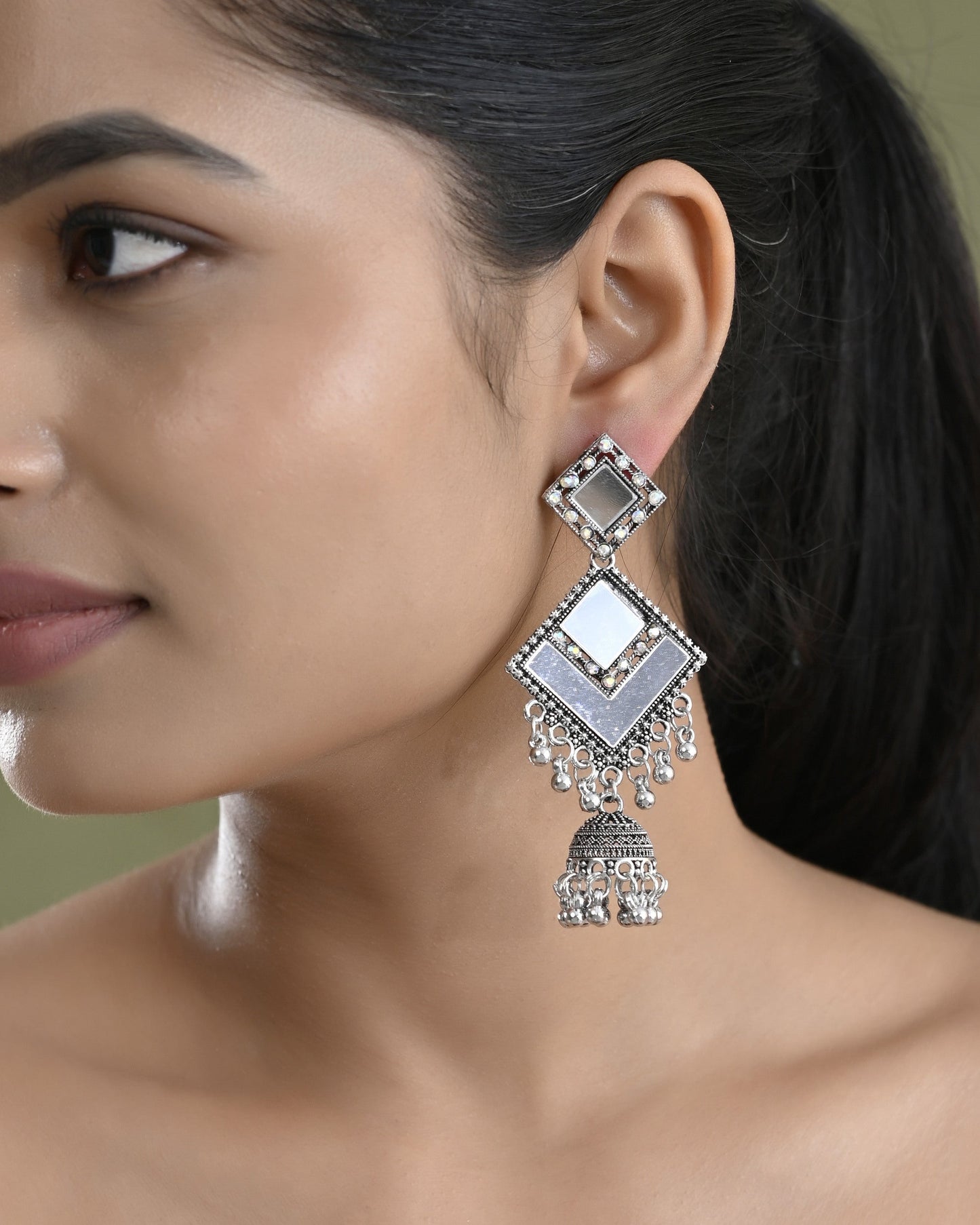 VOJ Silver Plated Mirror Studded Square Shaped Earrings - Swadesiicart