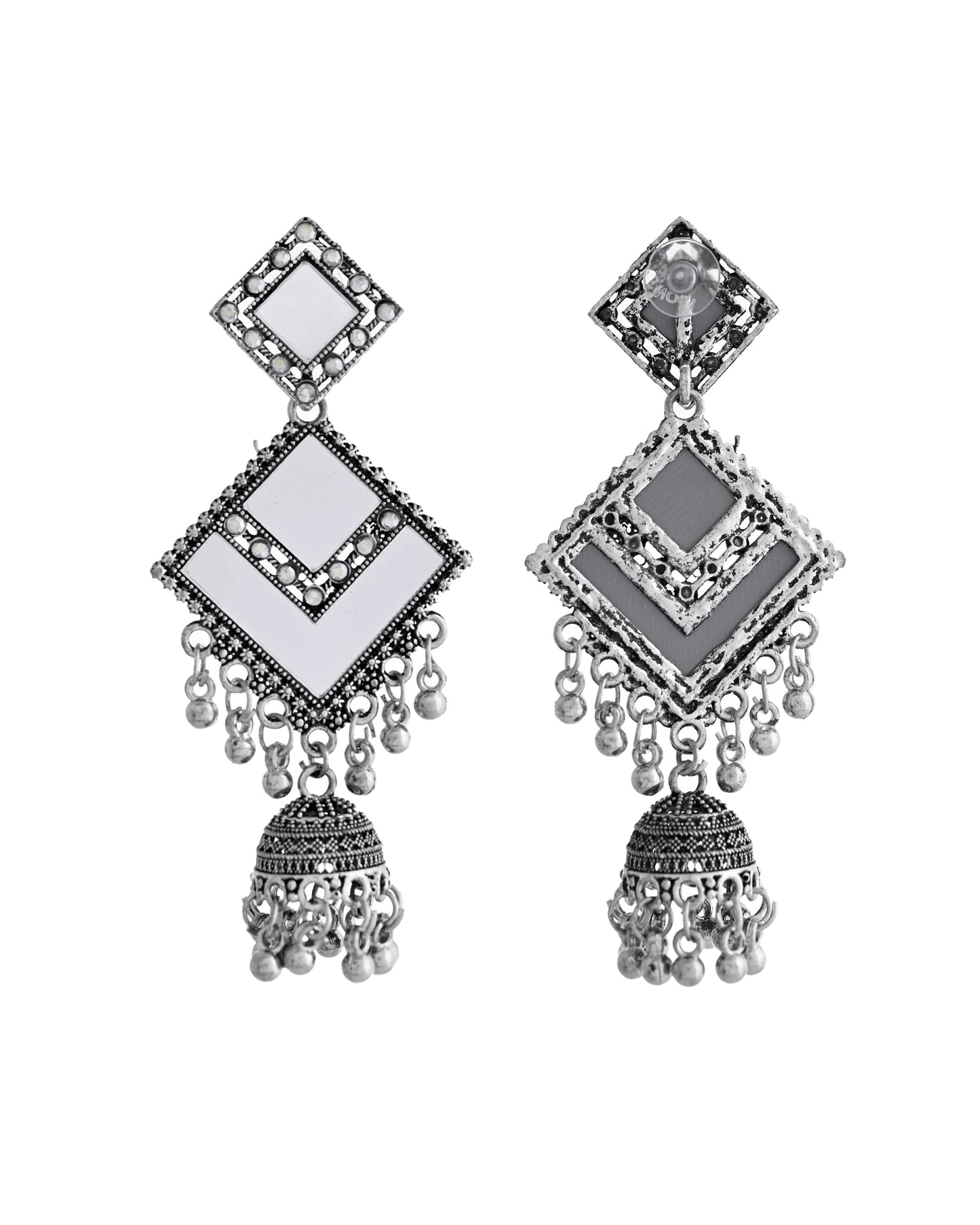 VOJ Silver Plated Mirror Studded Square Shaped Earrings - Swadesiicart