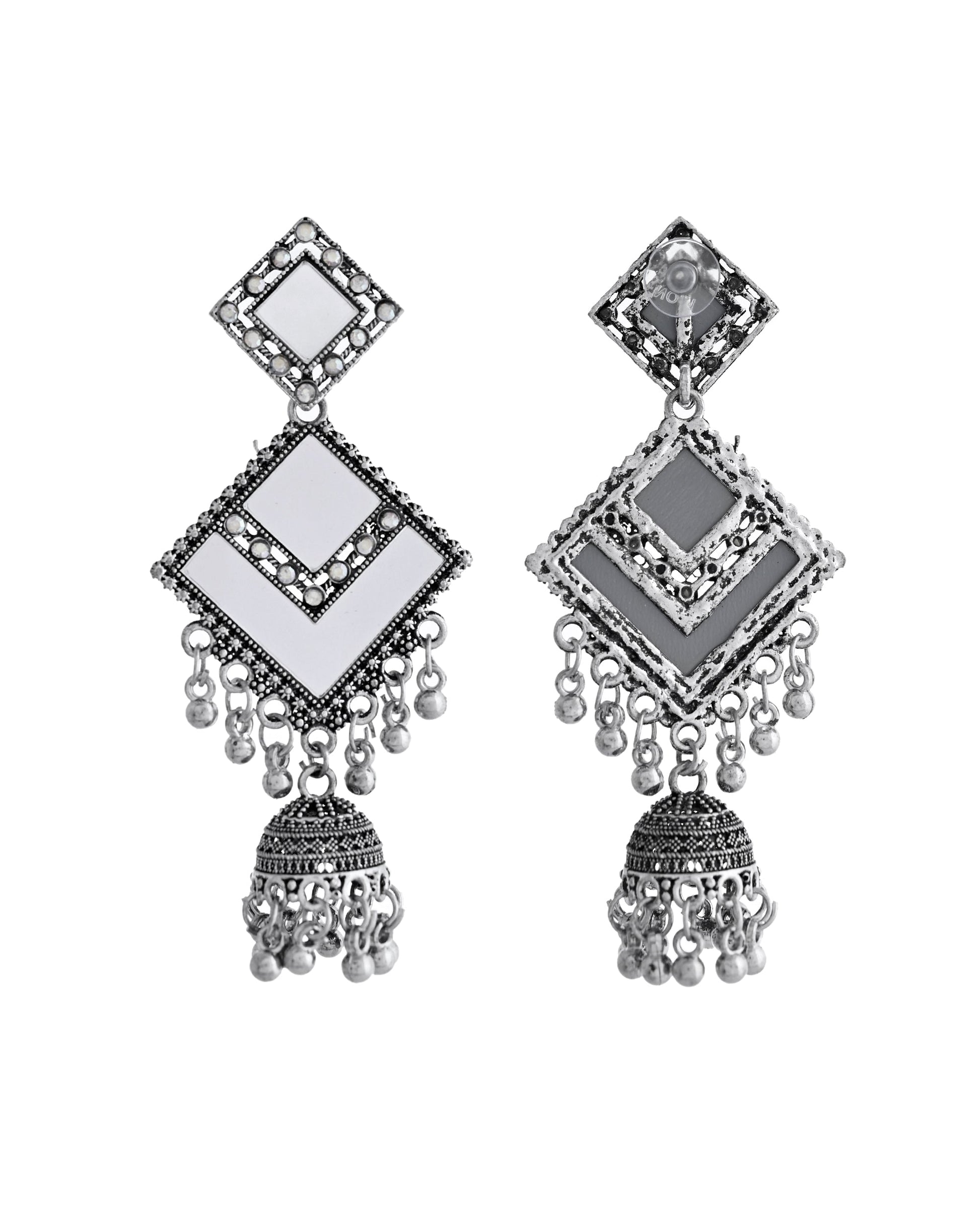 VOJ Silver Plated Mirror Studded Square Shaped Earrings - Swadesiicart