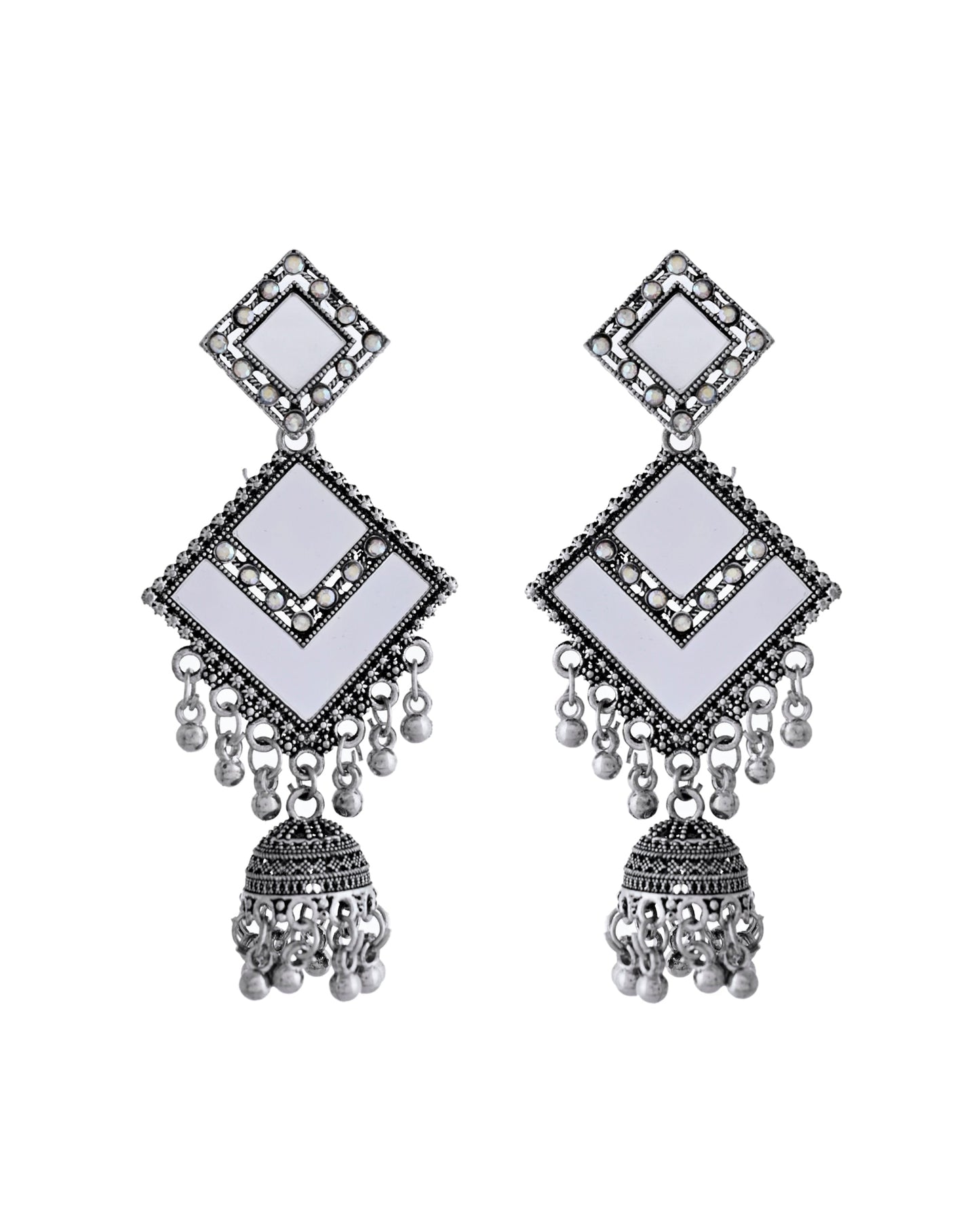 VOJ Silver Plated Mirror Studded Square Shaped Earrings - Swadesiicart