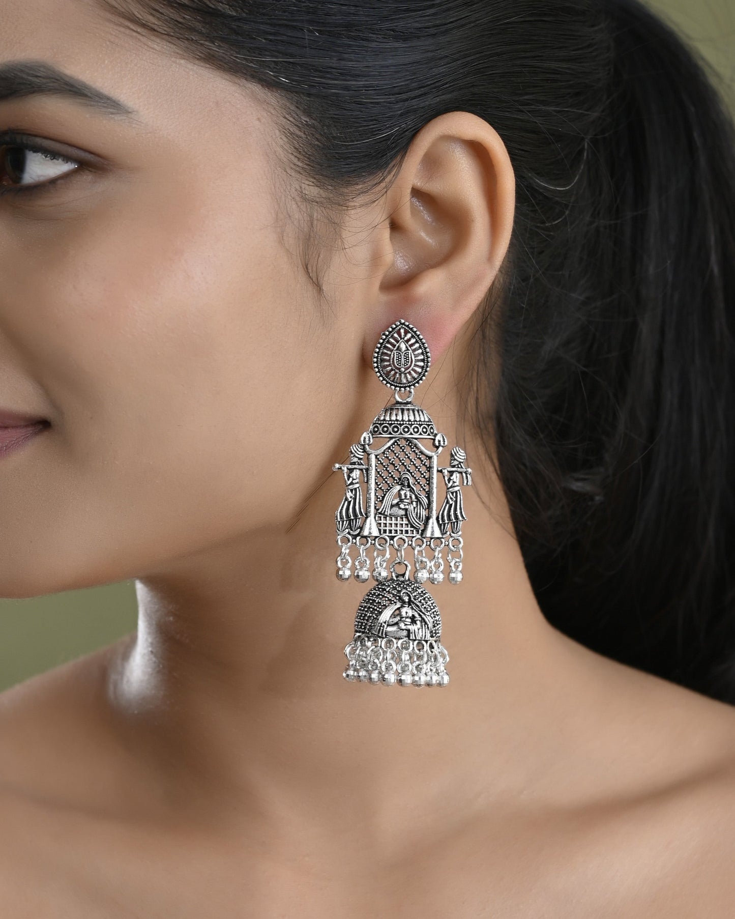 VOJ Silver Plated Oxidized Temple Long Earrings - Swadesiicart