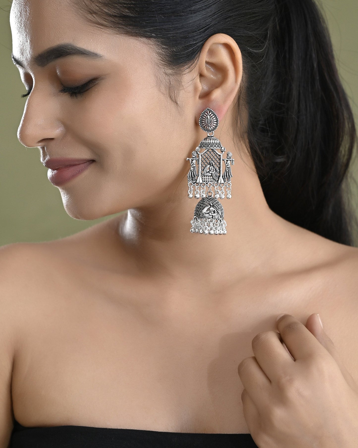 VOJ Silver Plated Oxidized Temple Long Earrings - Swadesiicart