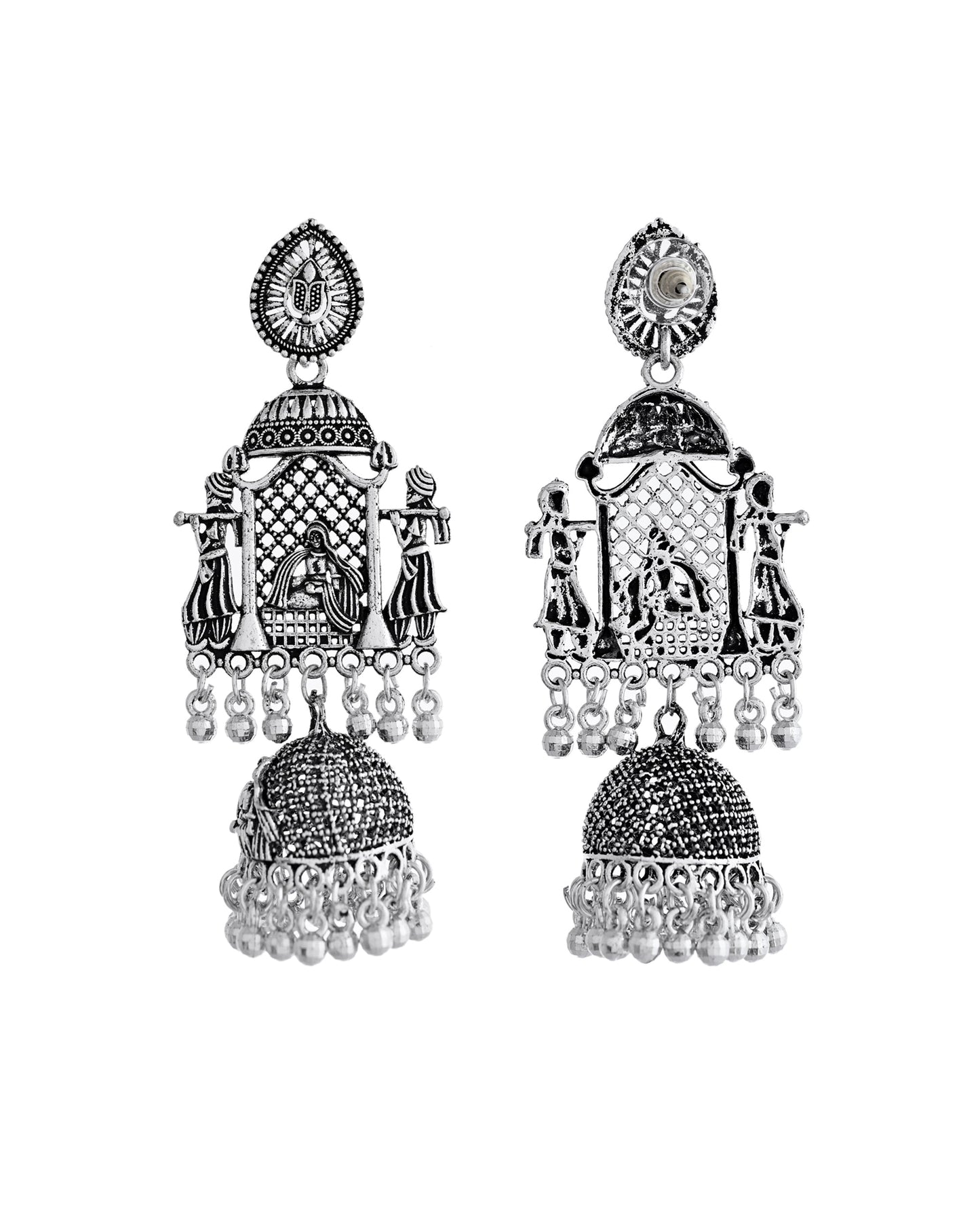 VOJ Silver Plated Oxidized Temple Long Earrings - Swadesiicart