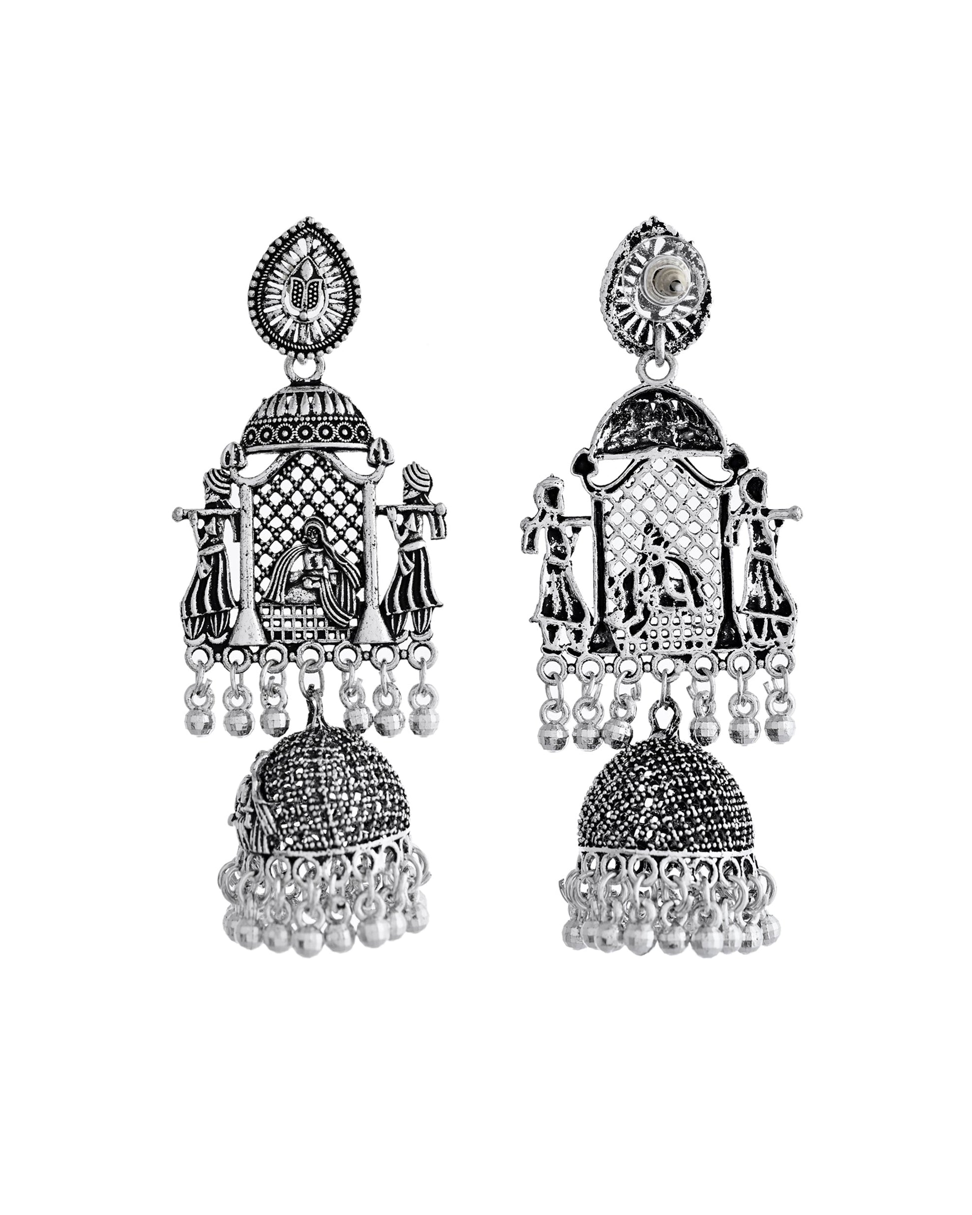 VOJ Silver Plated Oxidized Temple Long Earrings - Swadesiicart